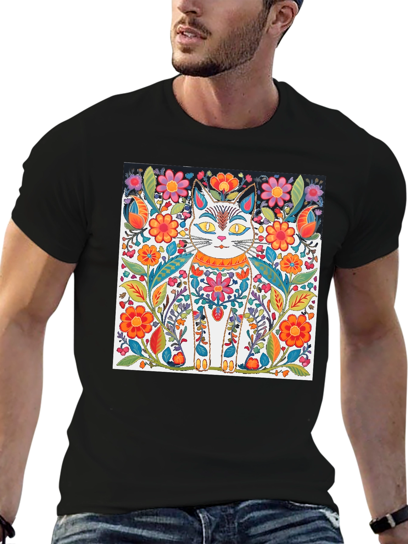 Floral Cat T-Shirt - Unique Graphic Tee
