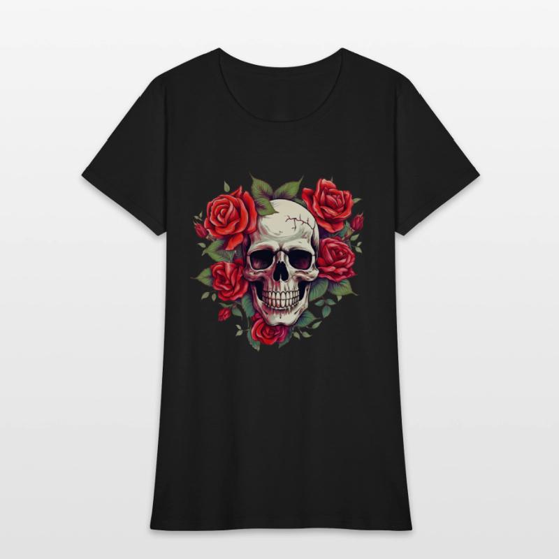 skull with red roses around