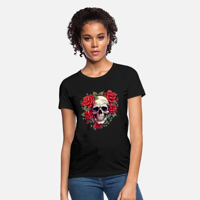 skull with red roses around