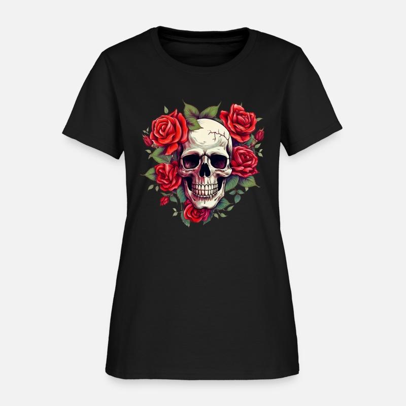 skull with red roses around