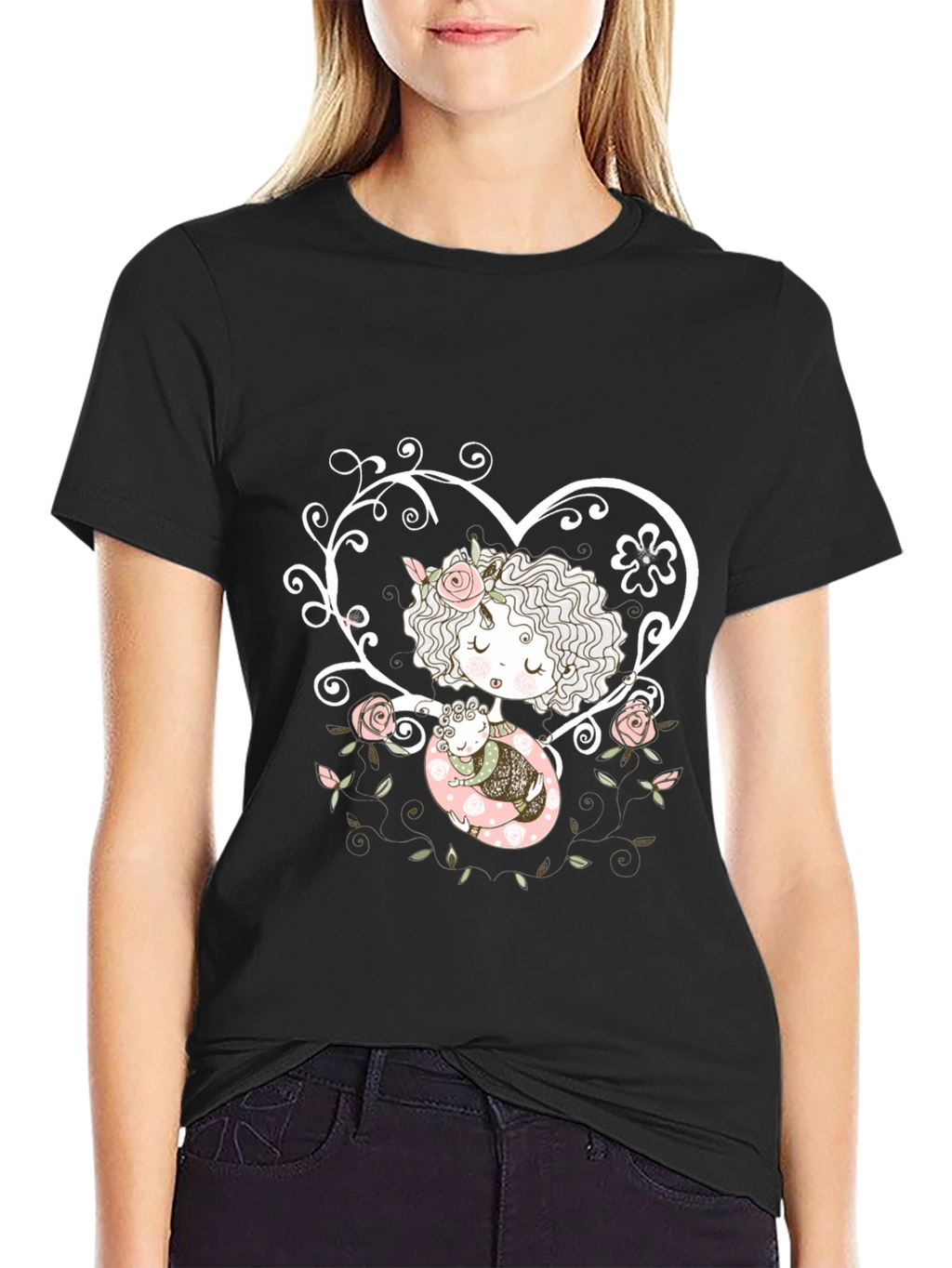 Sweetheart Tee: Girl with Baby in Floral Heart