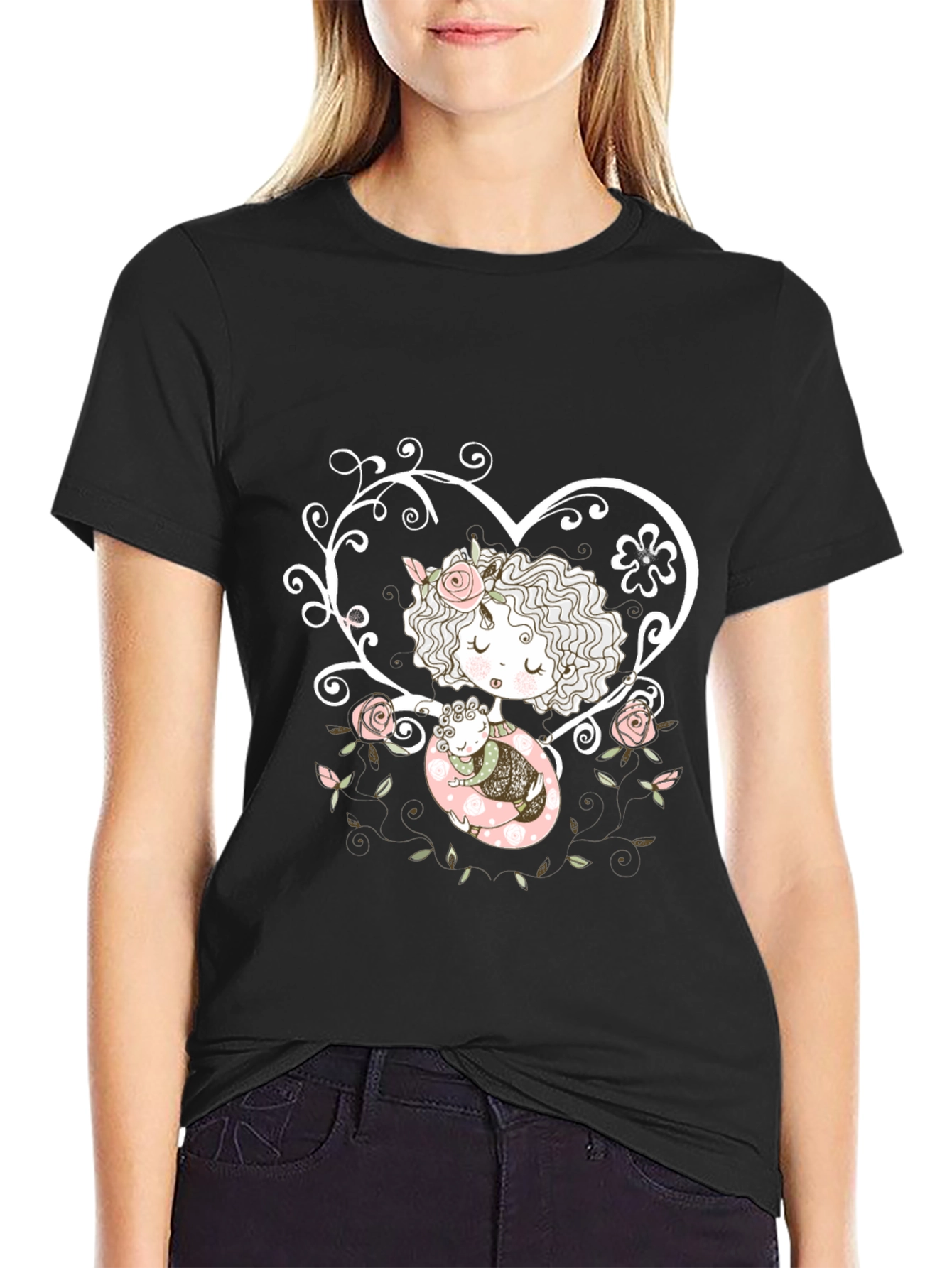 Sweetheart Tee: Girl with Baby in Floral Heart