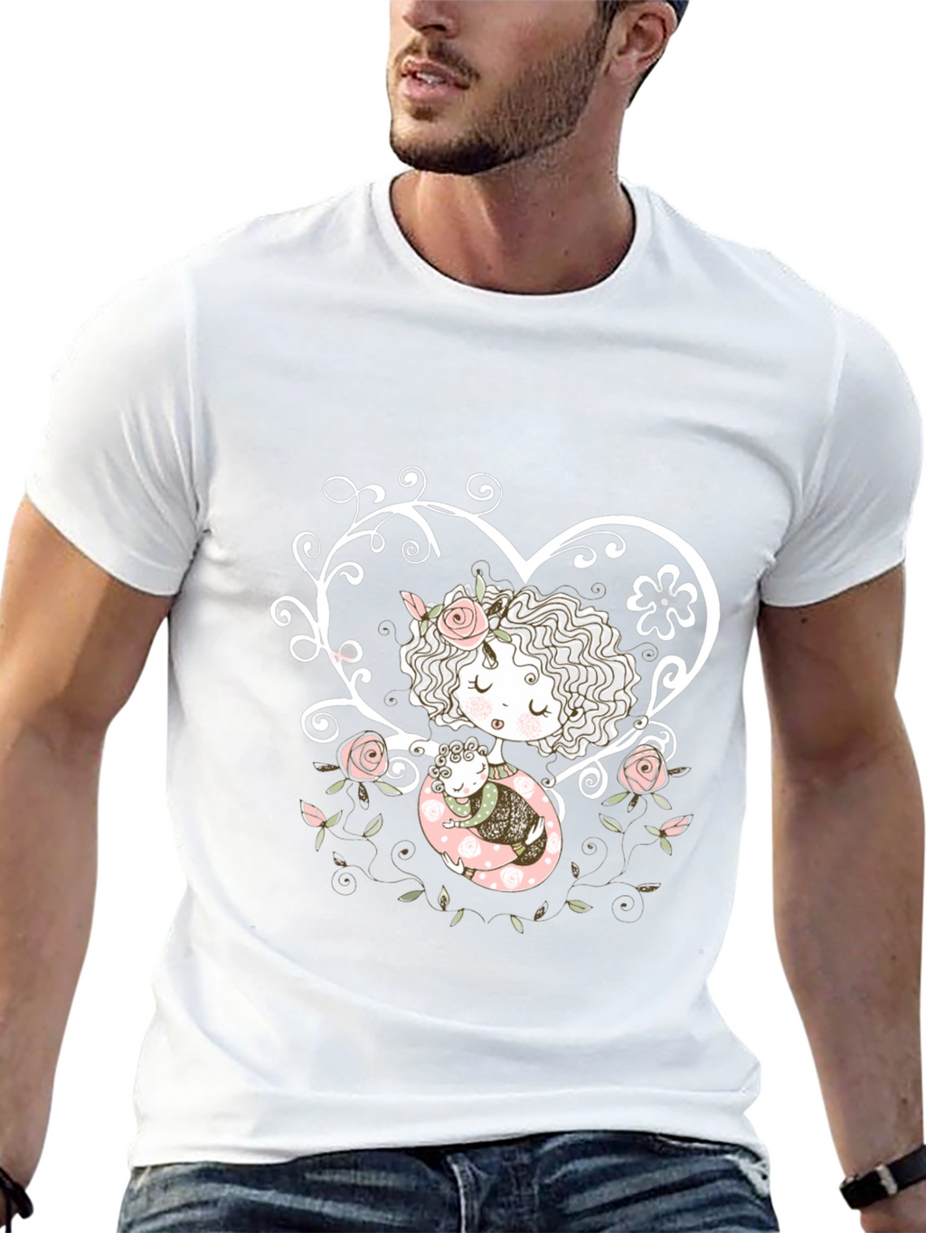 Sweetheart Tee: Girl with Baby in Floral Heart