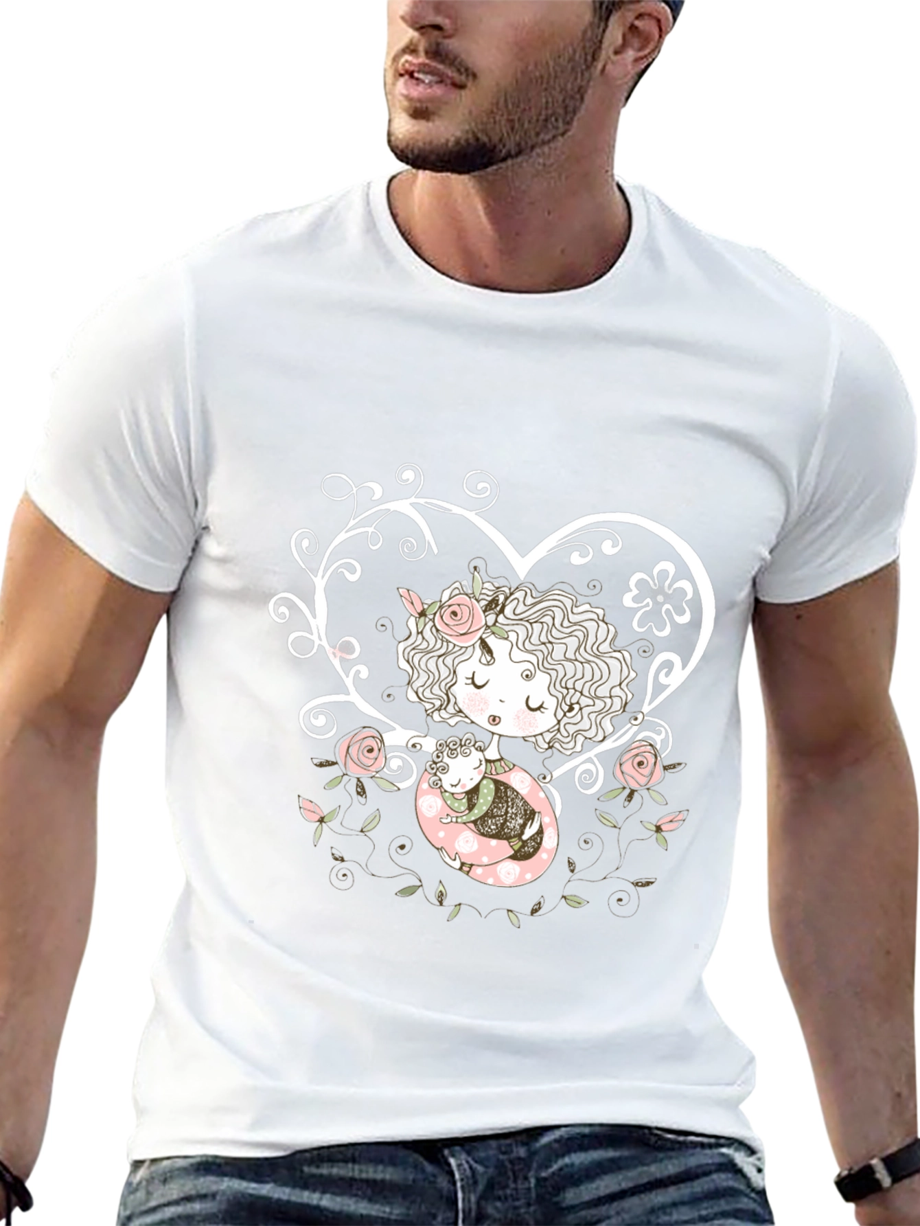 Sweetheart Tee: Girl with Baby in Floral Heart