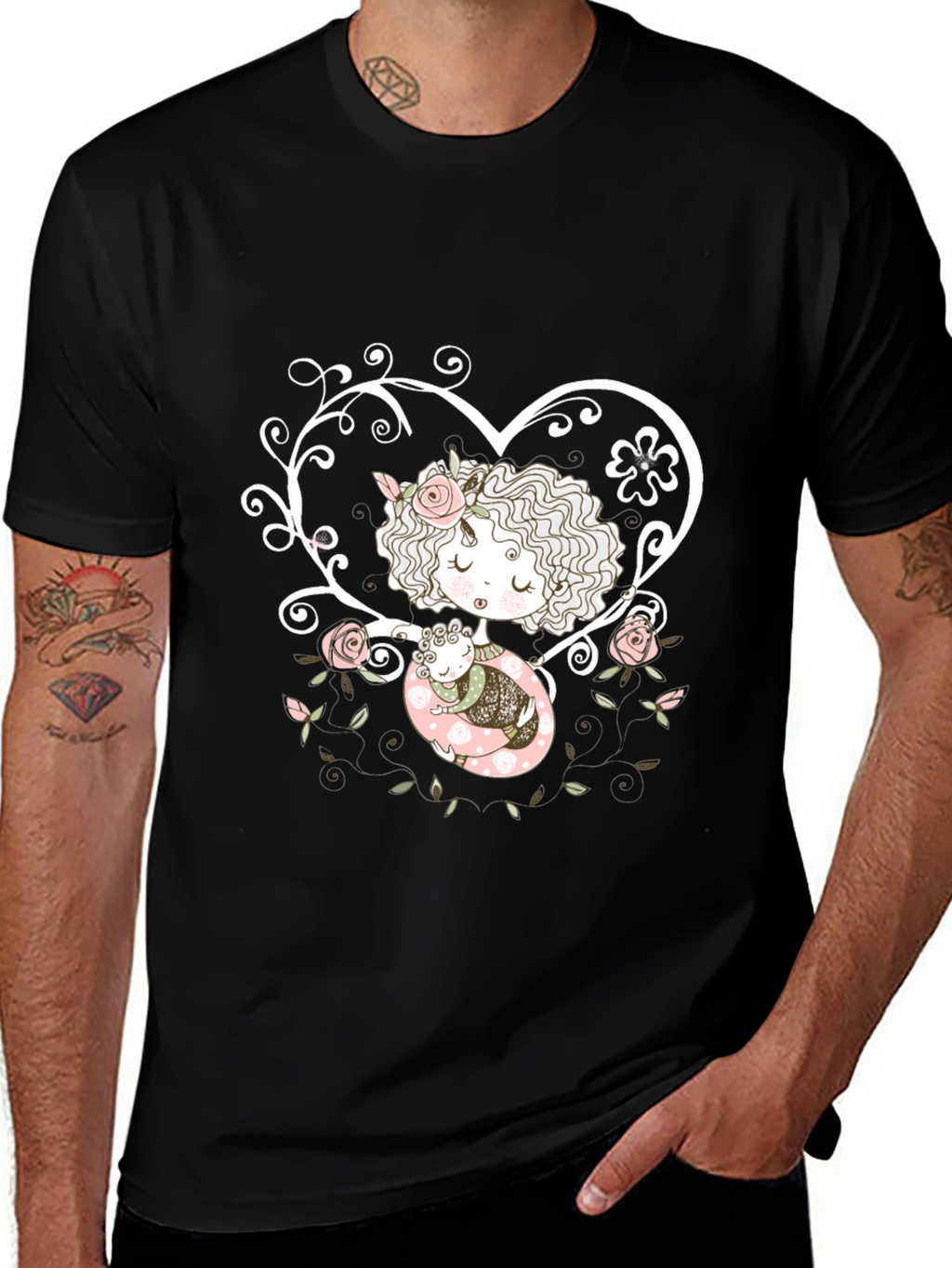 Sweetheart Tee: Girl with Baby in Floral Heart
