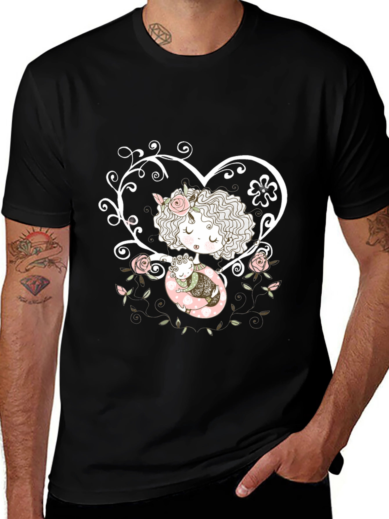 Sweetheart Tee: Girl with Baby in Floral Heart