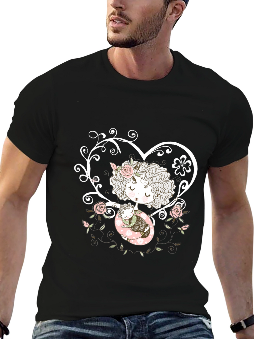 Sweetheart Tee: Girl with Baby in Floral Heart