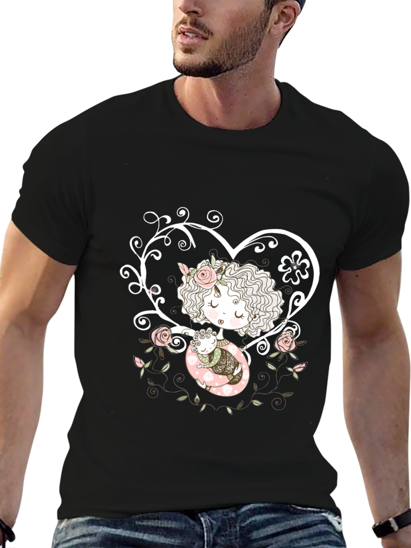 Sweetheart Tee: Girl with Baby in Floral Heart