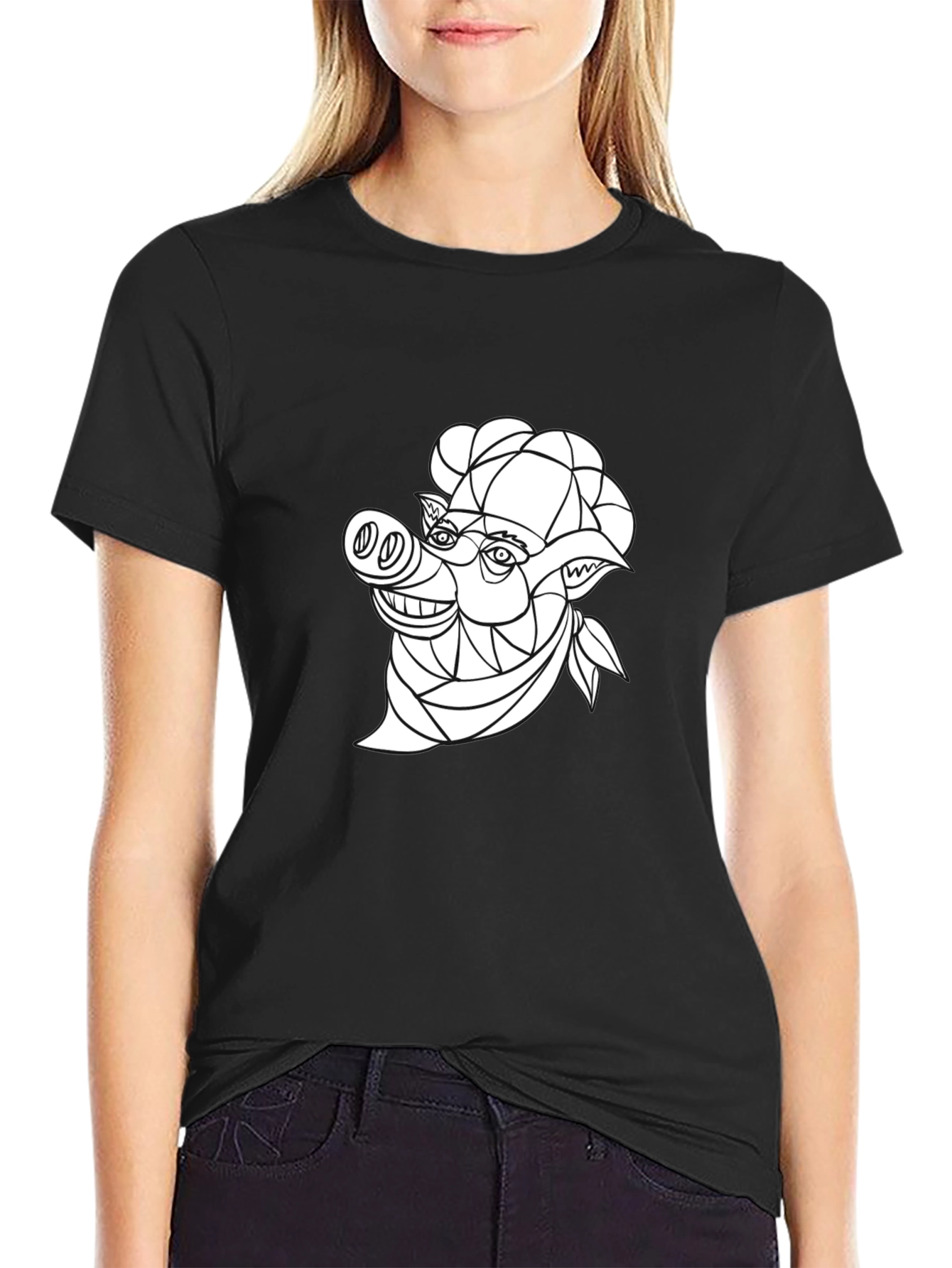 Geometric Pig Chef T-Shirt - Stylish Black Tee