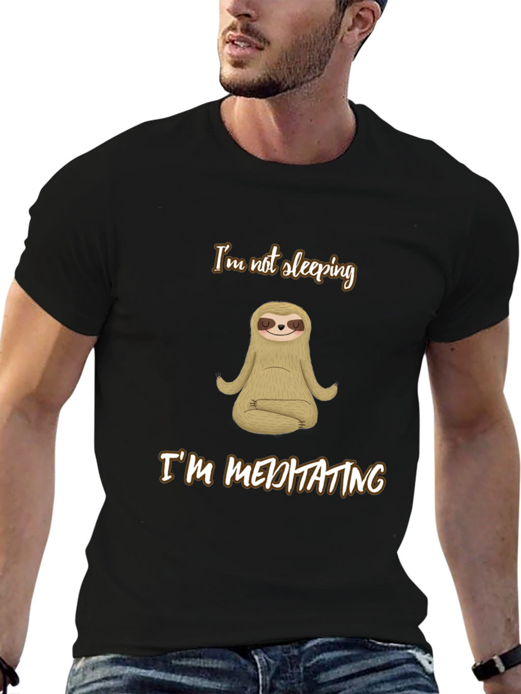 Meditating Sloth Graphic Tee - Relaxed Fit Black T-Shirt
