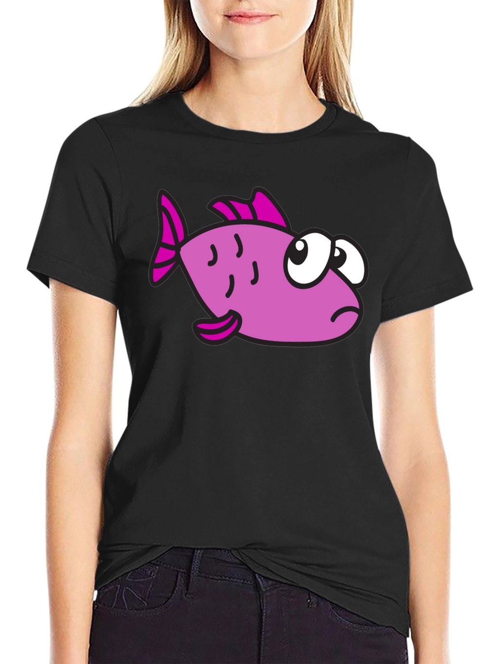 Funny Cartoon Fish Black T-Shirt