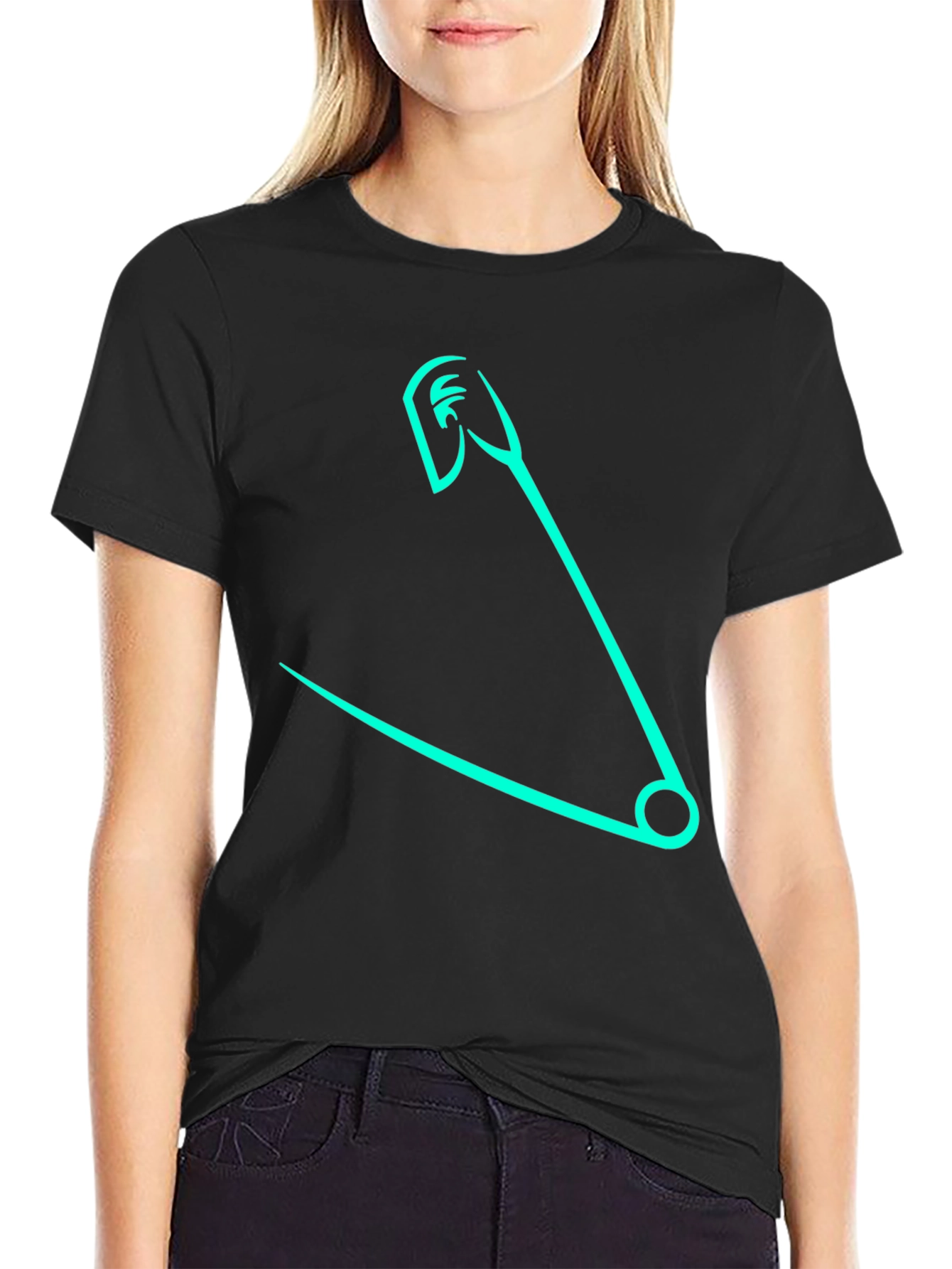 Minimalist Safety Pin Graphic Tee - Black Cotton Blend