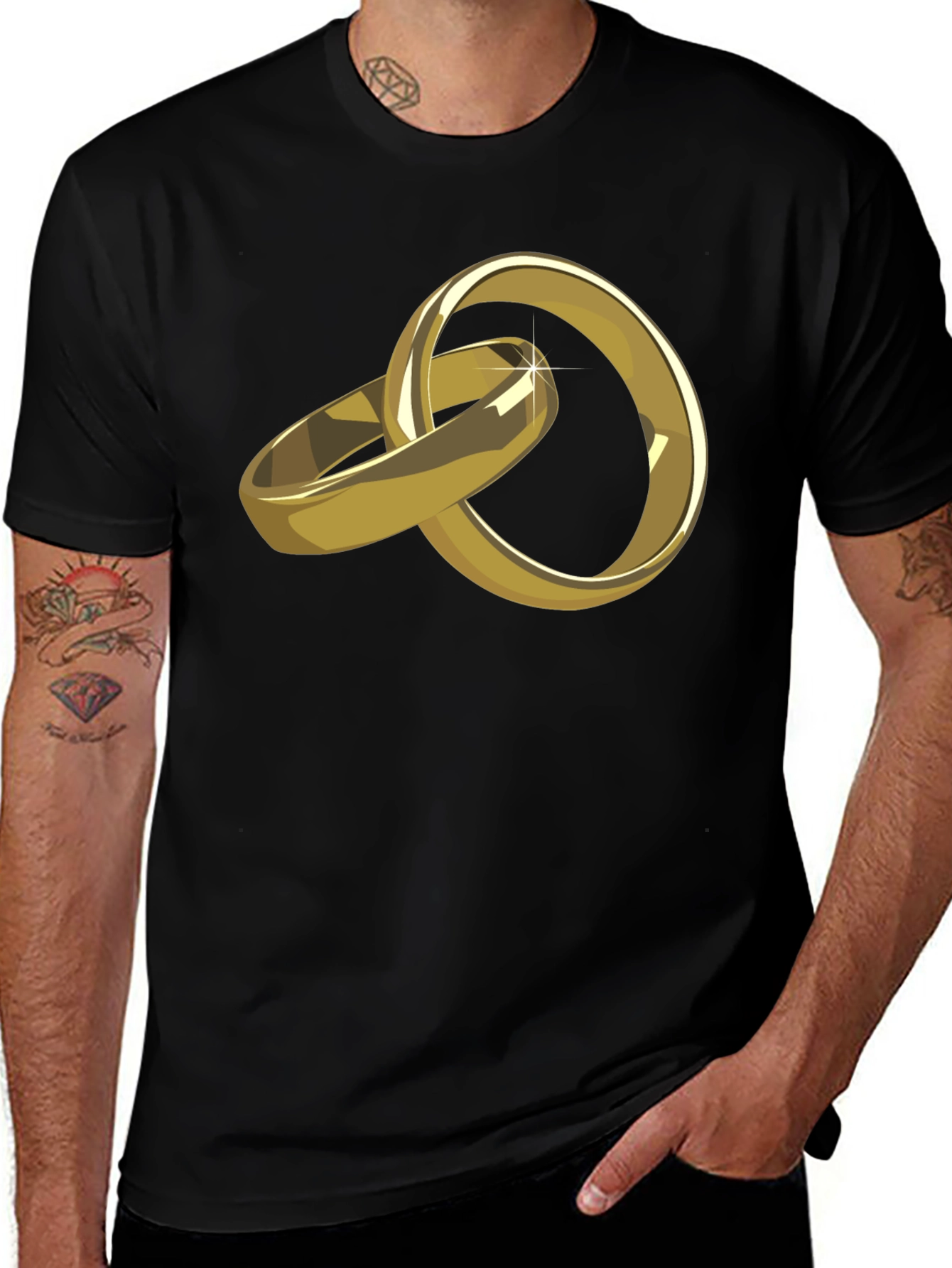 Gold Wedding Rings Graphic Tee - Stylish Black T-Shirt