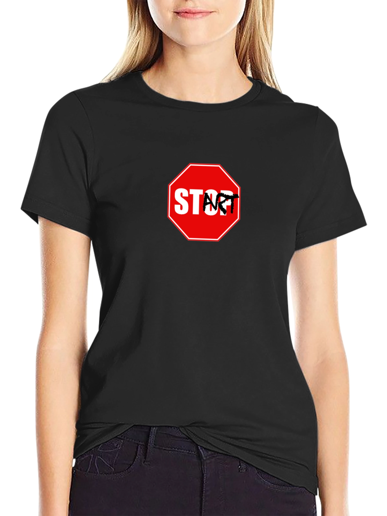 Start Graphic Tee - Black Cotton Crew Neck Casual Style