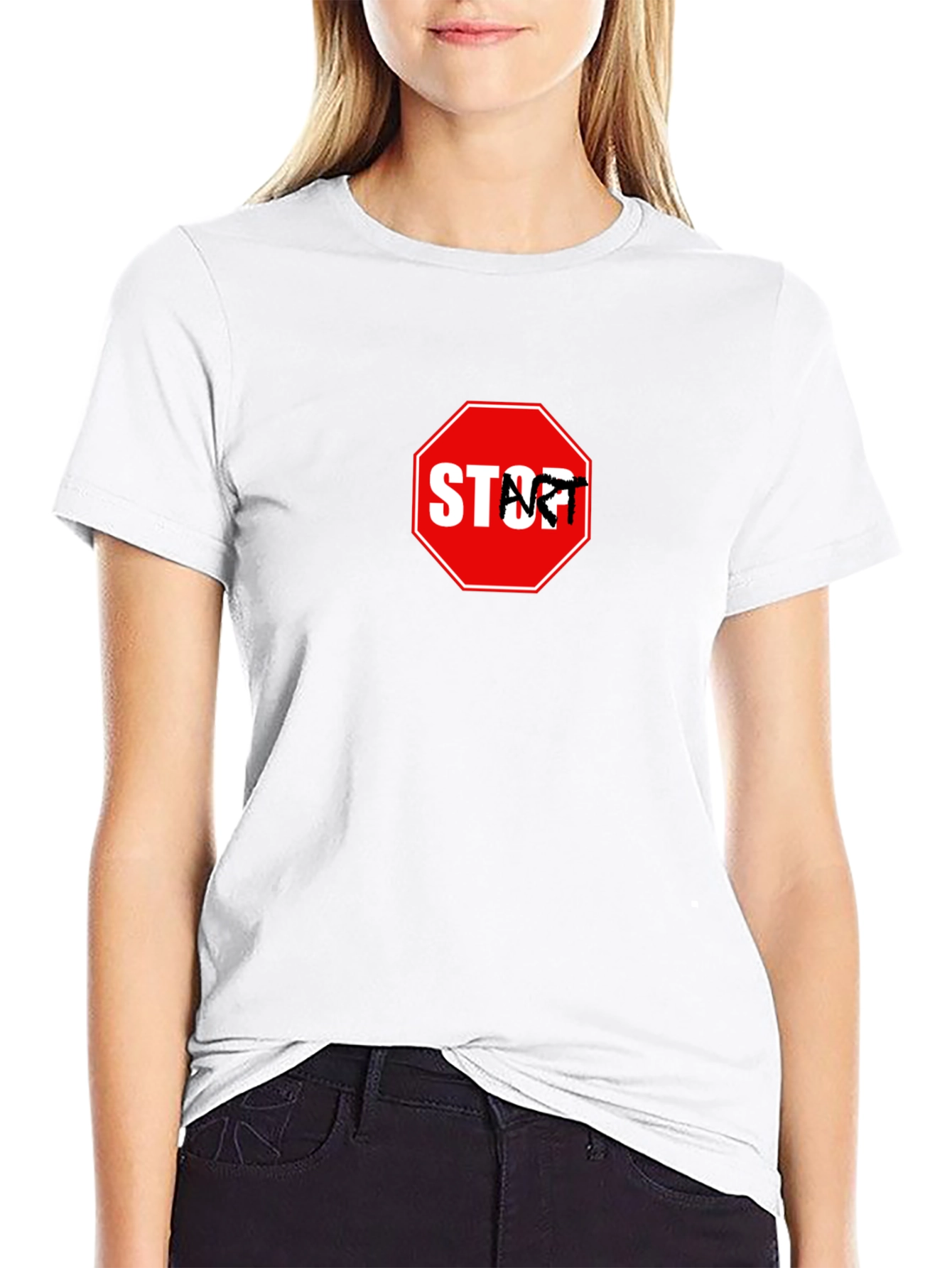 Start Graphic Tee - Black Cotton Crew Neck Casual Style