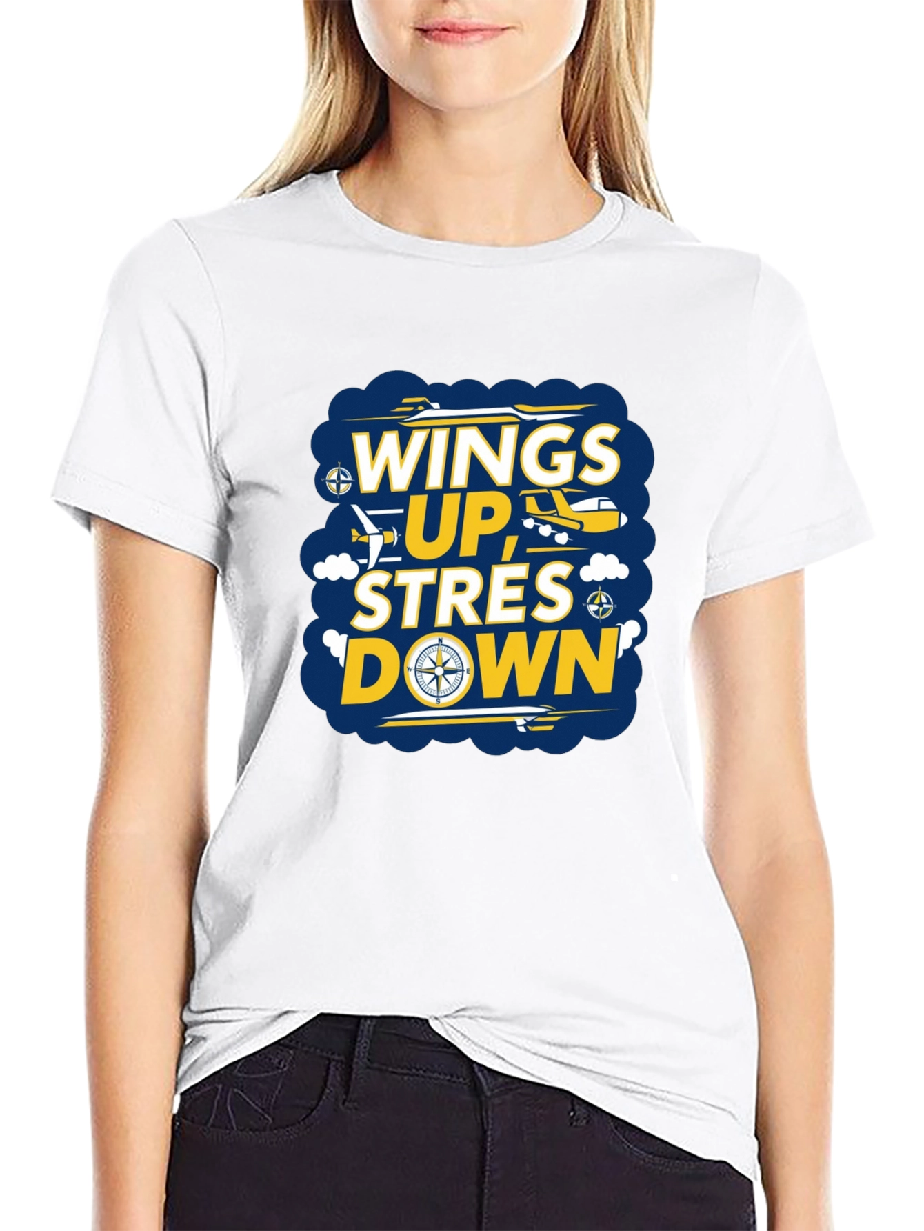 Wings Up Stress Down Graphic T-Shirt - Airplane Design
