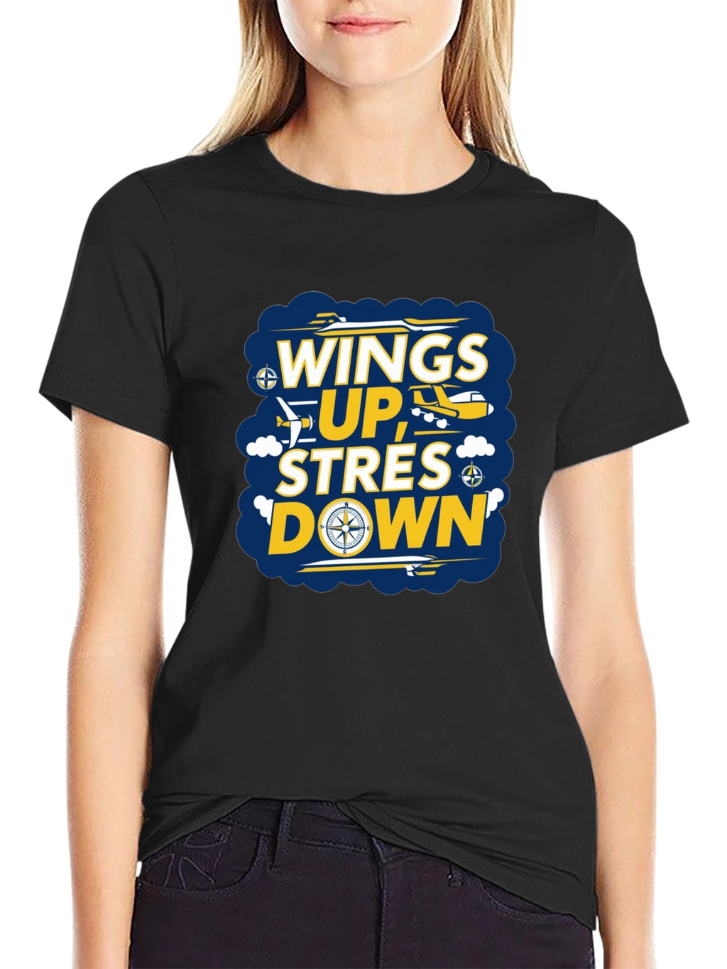 Wings Up Stress Down Graphic T-Shirt - Airplane Design