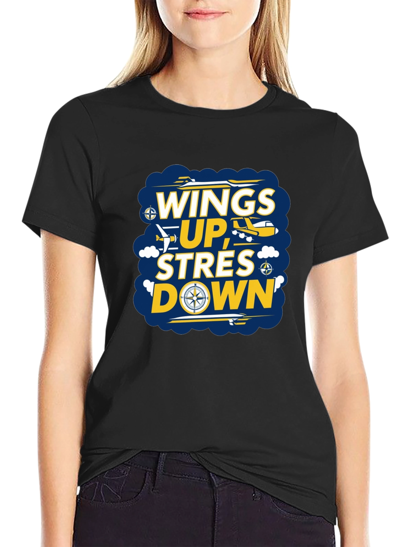 Wings Up Stress Down Graphic T-Shirt - Airplane Design