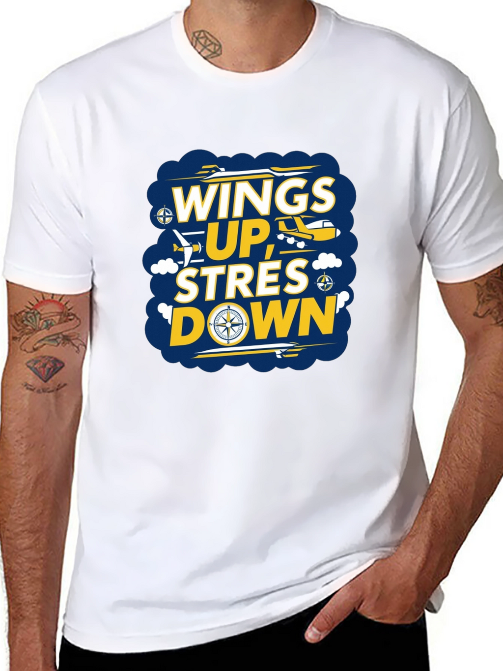 Wings Up Stress Down Graphic T-Shirt - Airplane Design