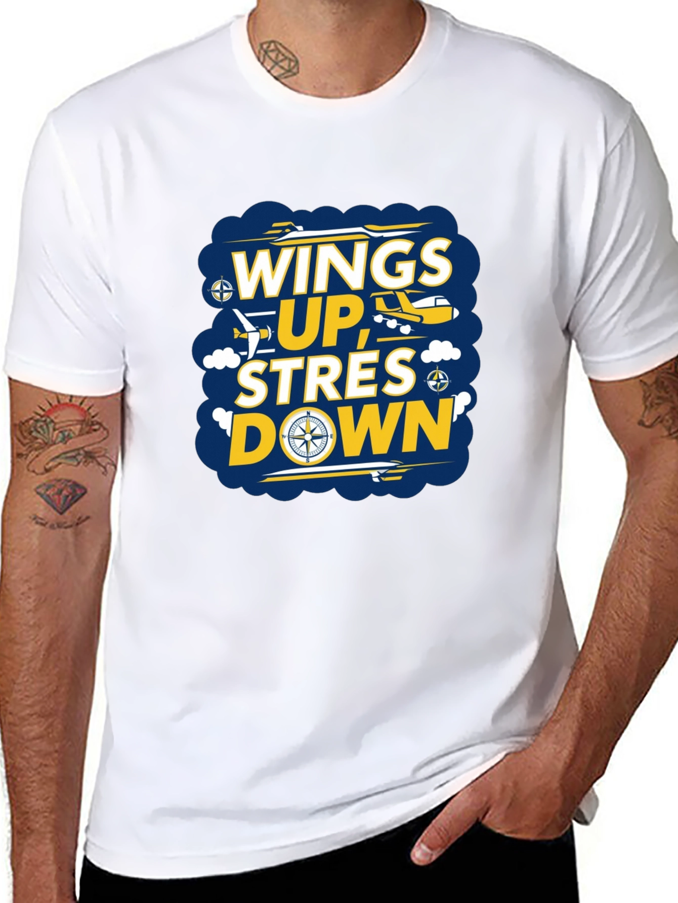 Wings Up Stress Down Graphic T-Shirt - Airplane Design