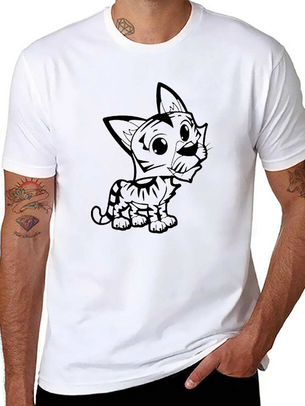 Cute Cartoon Cat Graphic Tee - Black