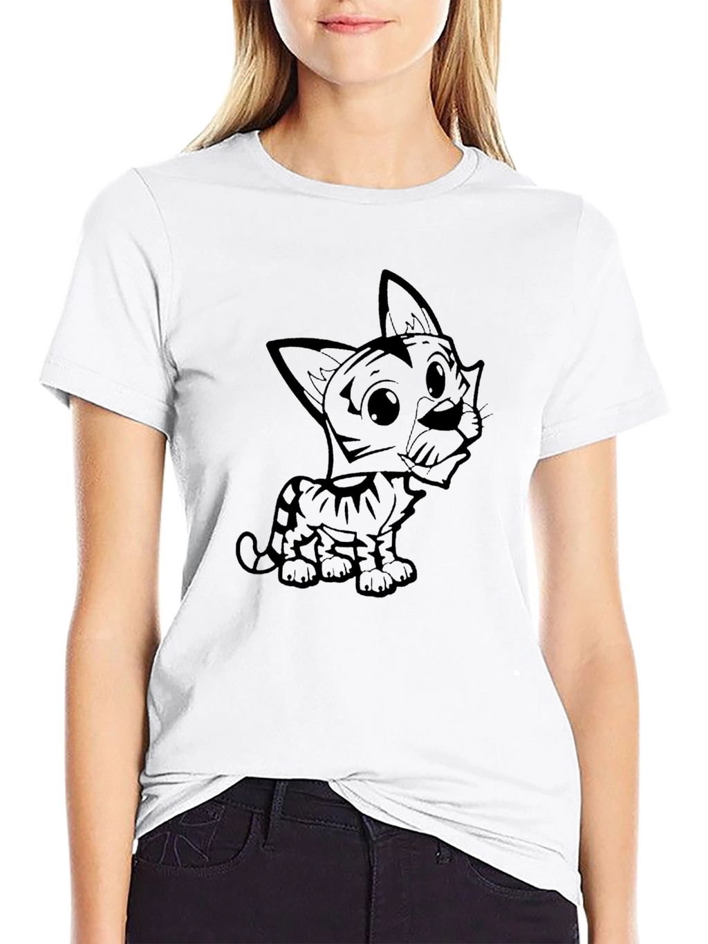 Cute Cartoon Cat Graphic Tee - Black