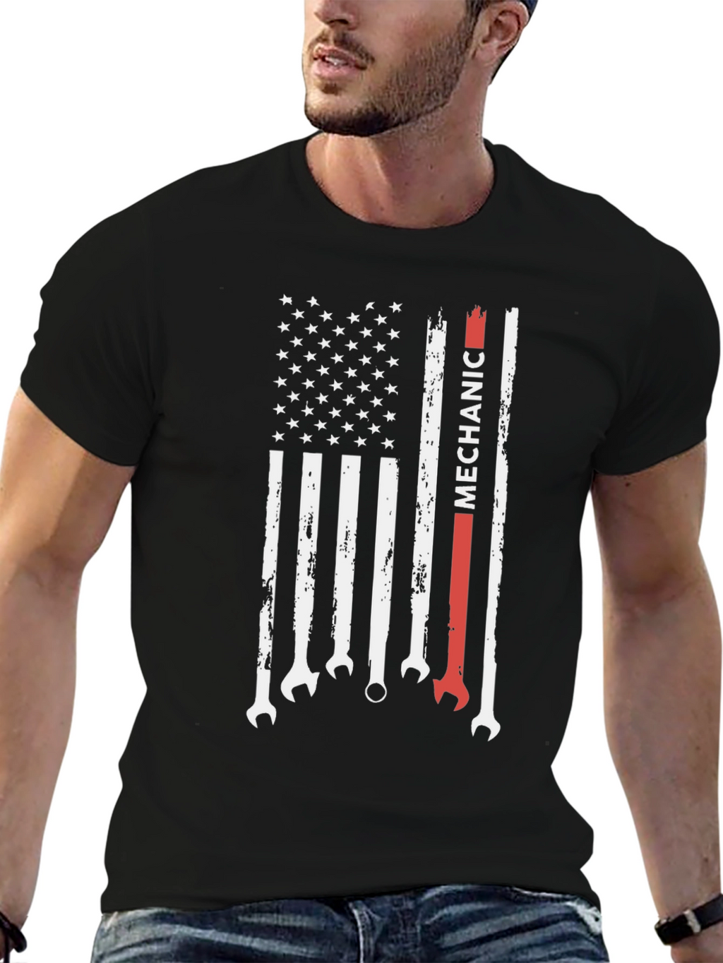 Mechanic American Flag Graphic Tee - Patriotic Wrench T-Shirt