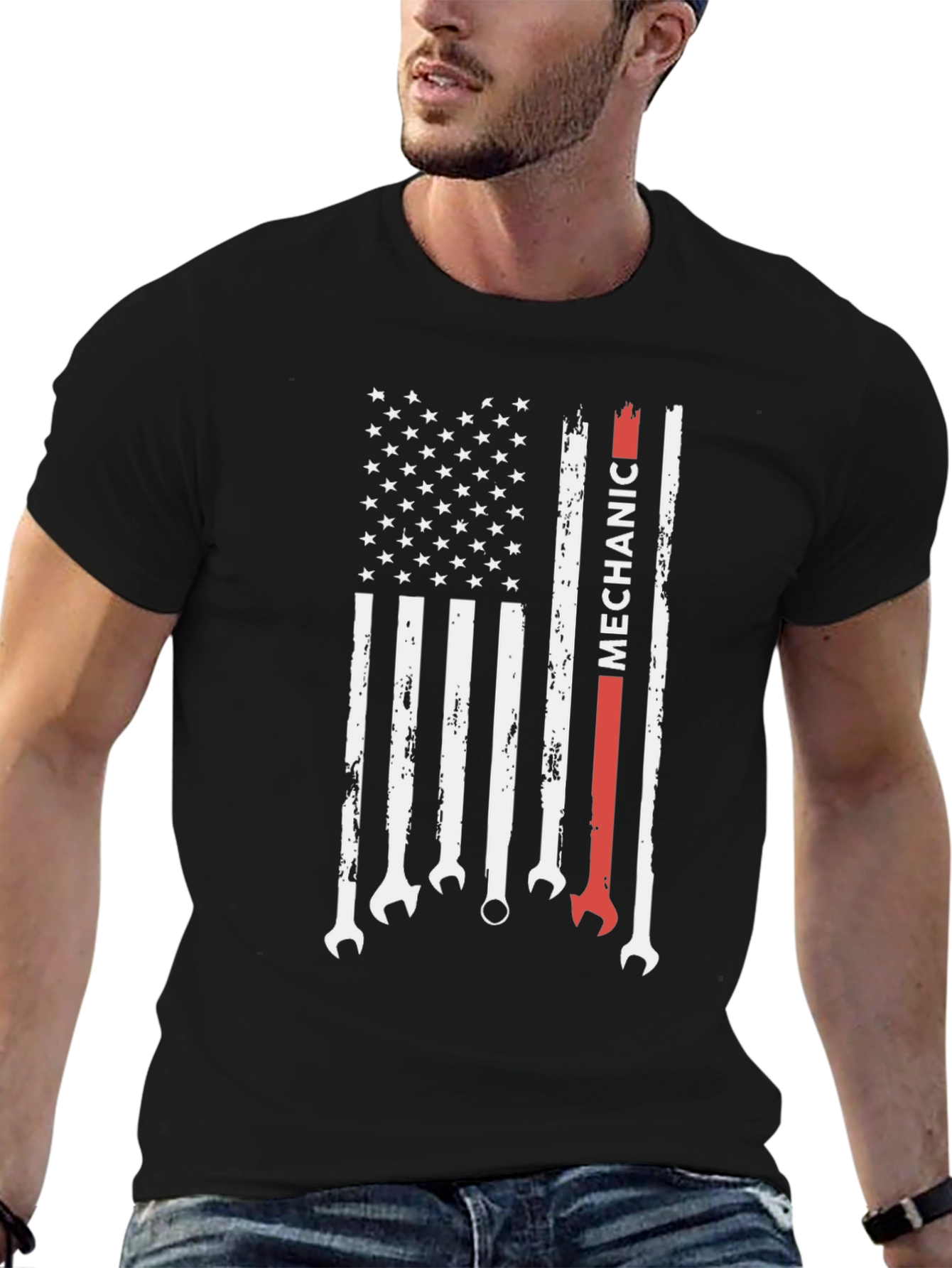 Mechanic American Flag Graphic Tee - Patriotic Wrench T-Shirt