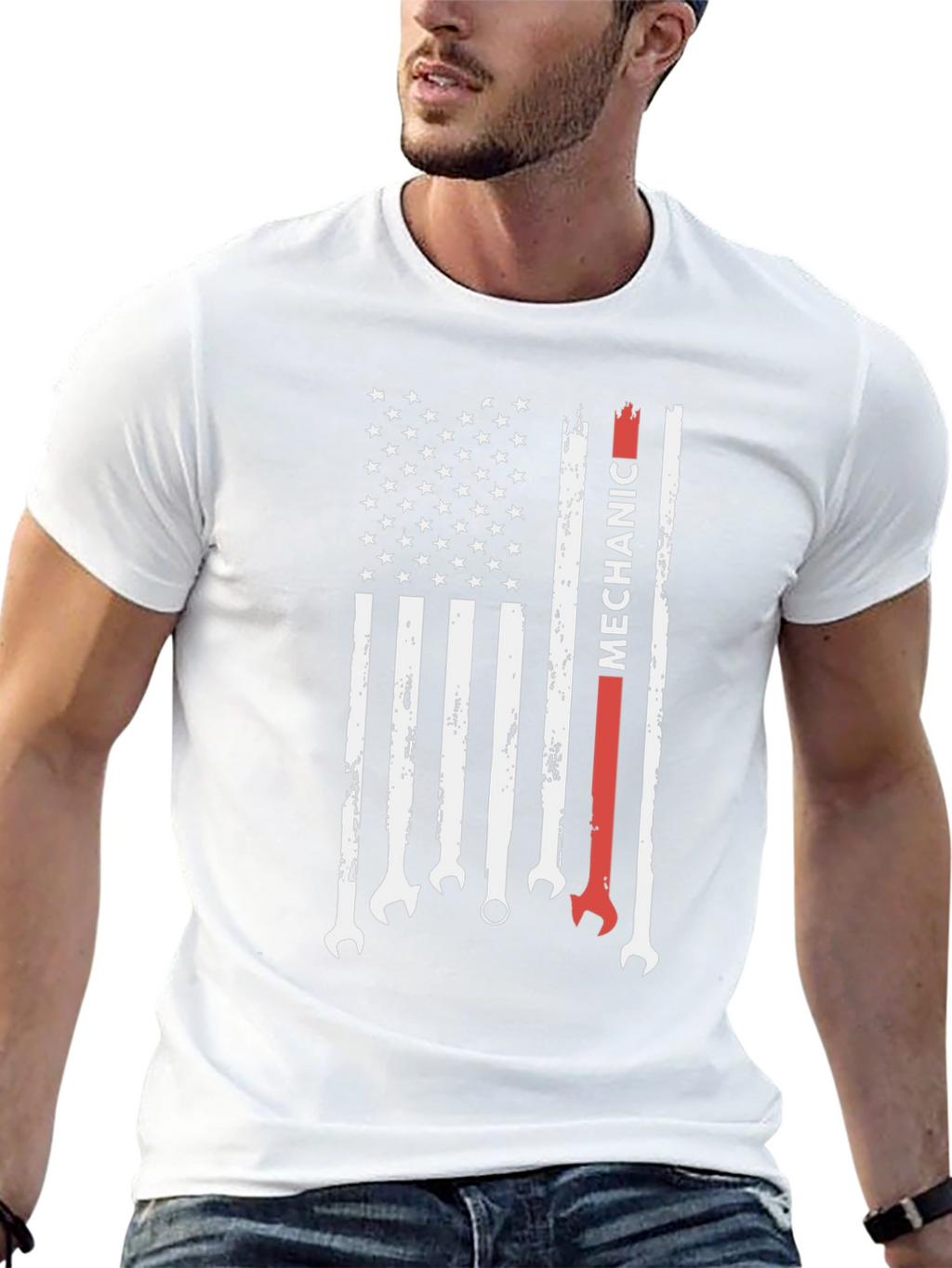 Mechanic American Flag Graphic Tee - Patriotic Wrench T-Shirt
