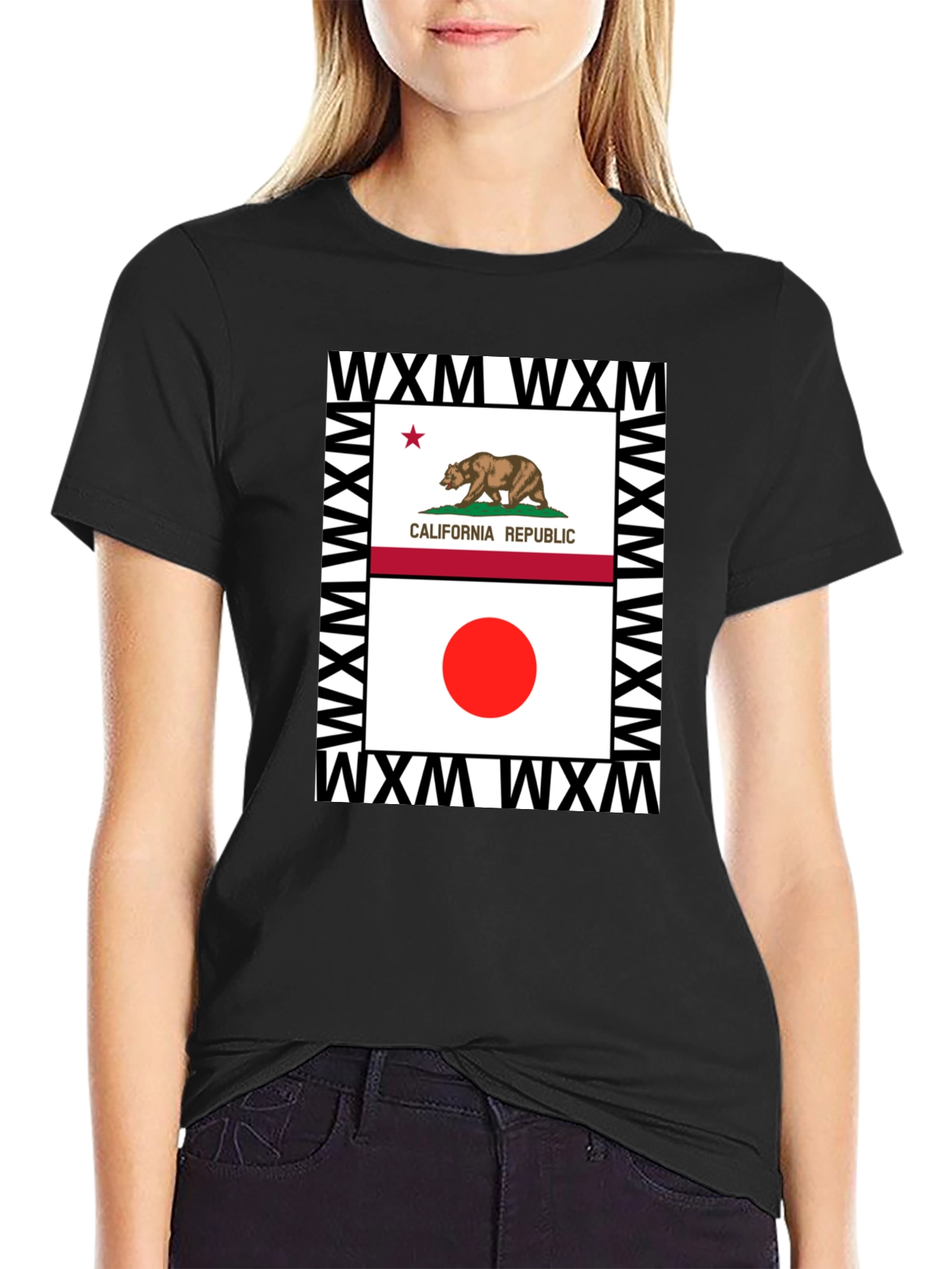 California Japan Flag Graphic Print Black Tee