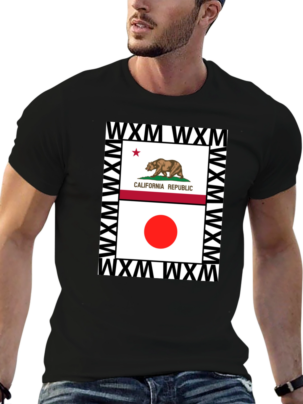 California Japan Flag Graphic Print Black Tee