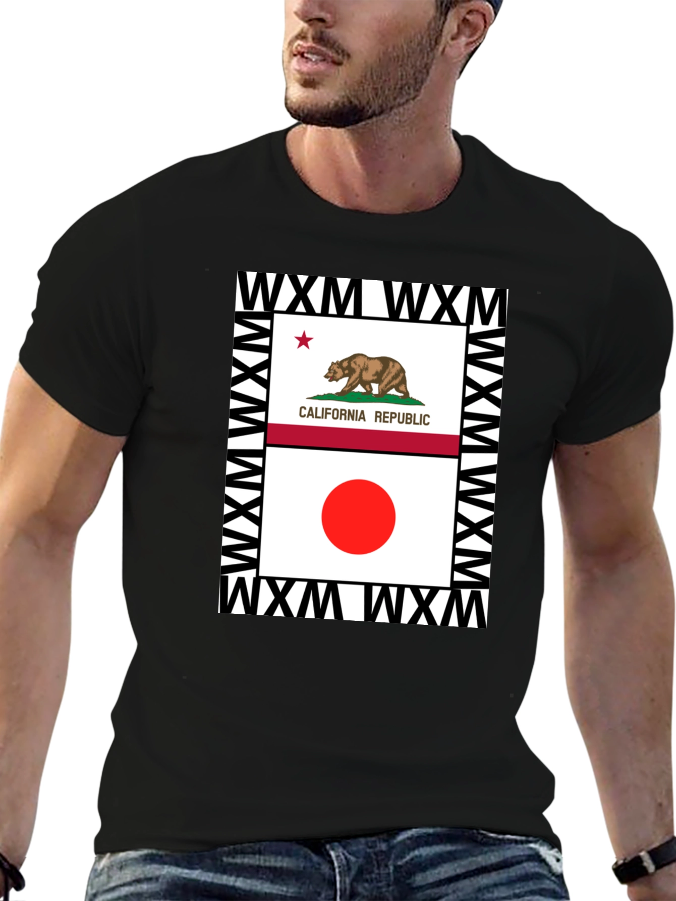 California Japan Flag Graphic Print Black Tee
