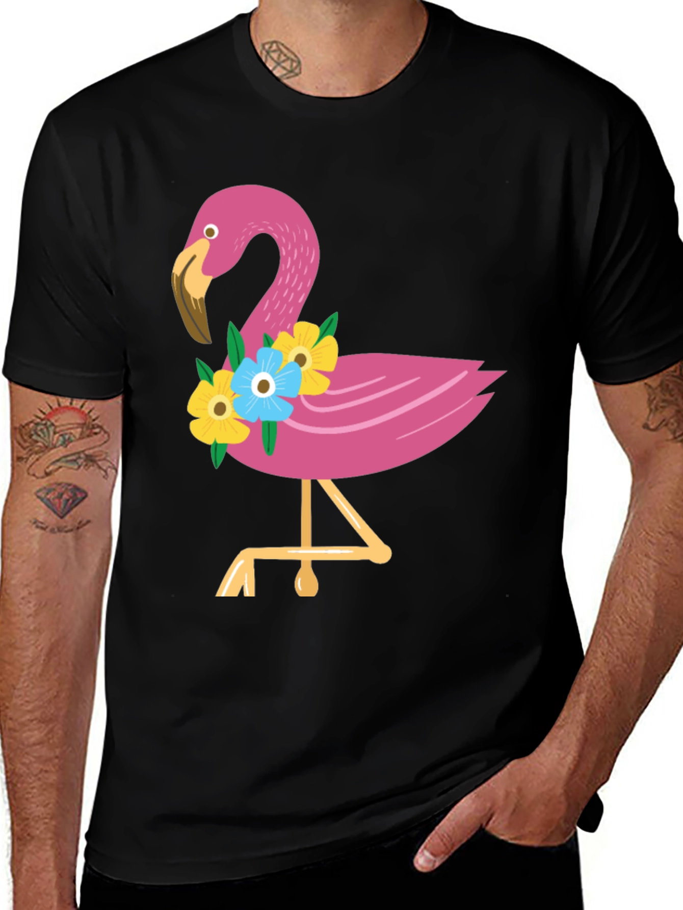 Tropical Flamingo Graphic Tee - Black