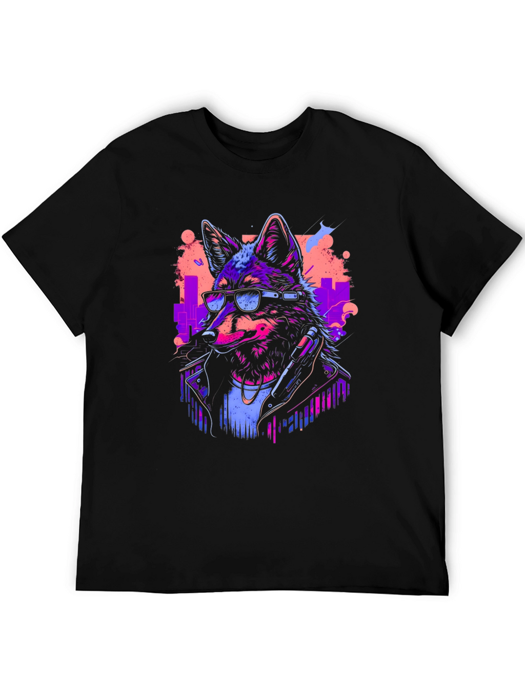 Neon Cyberpunk Wolf Graphic T-Shirt