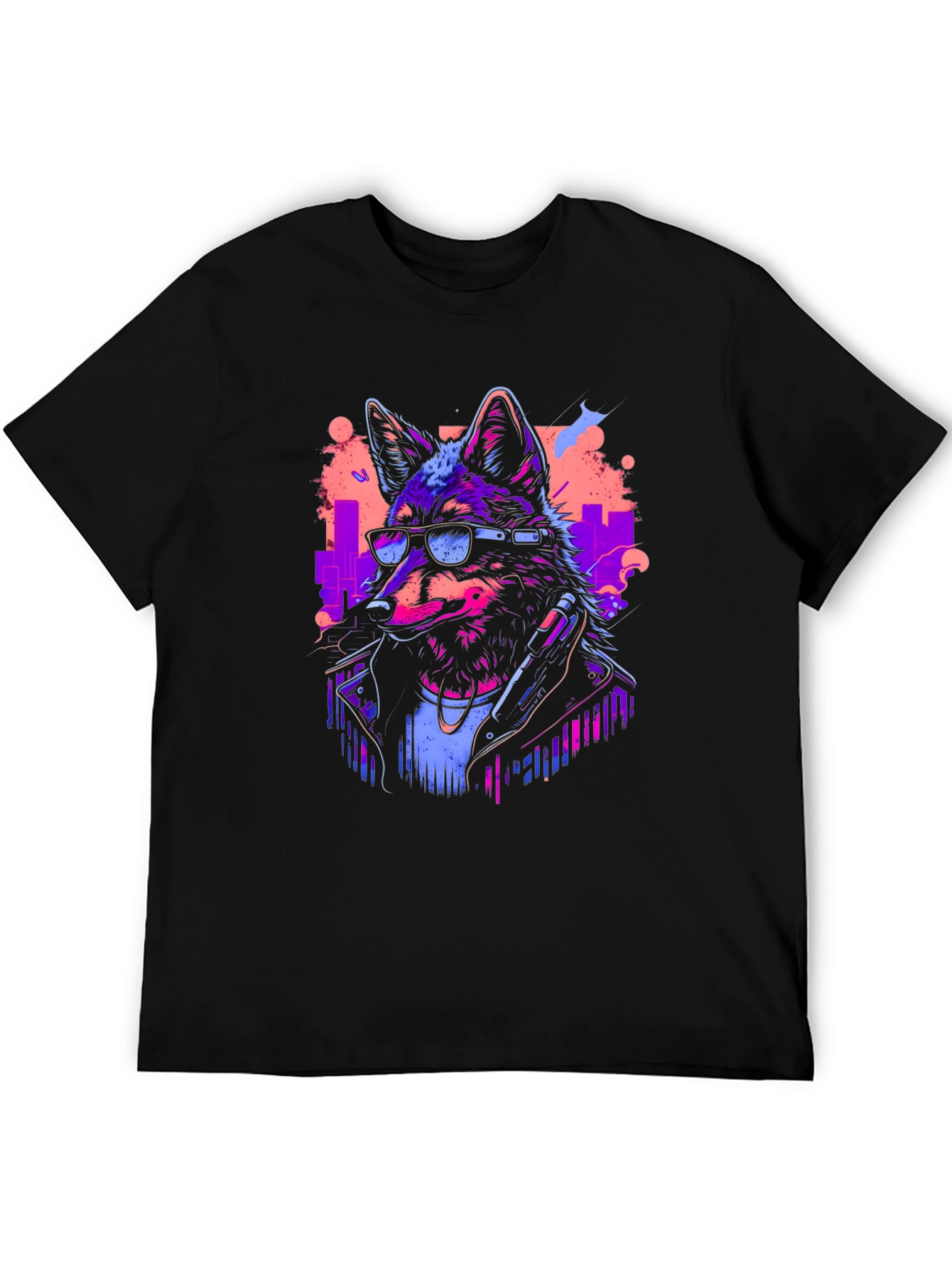 Neon Cyberpunk Wolf Graphic T-Shirt