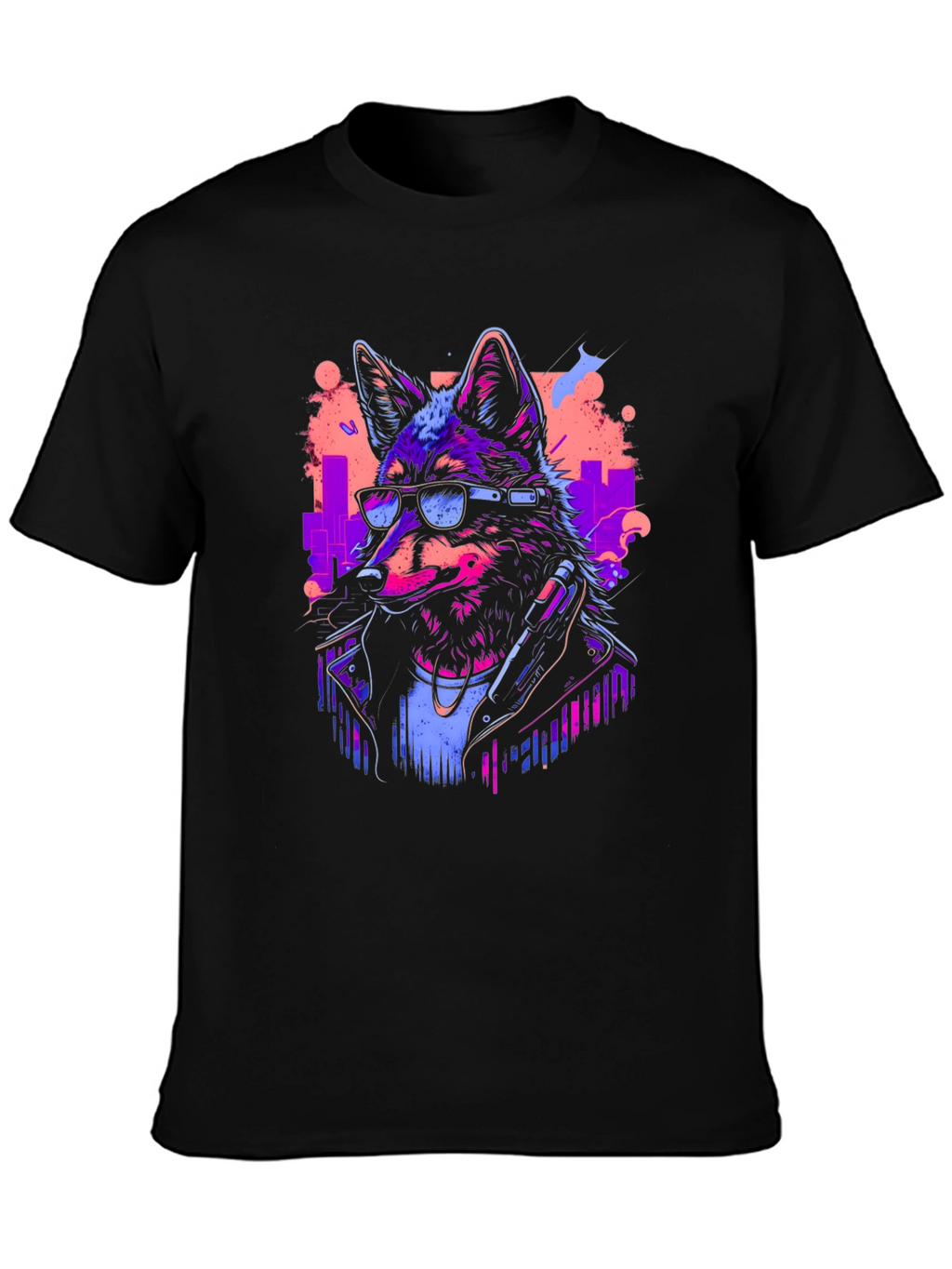 Neon Cyberpunk Wolf Graphic T-Shirt