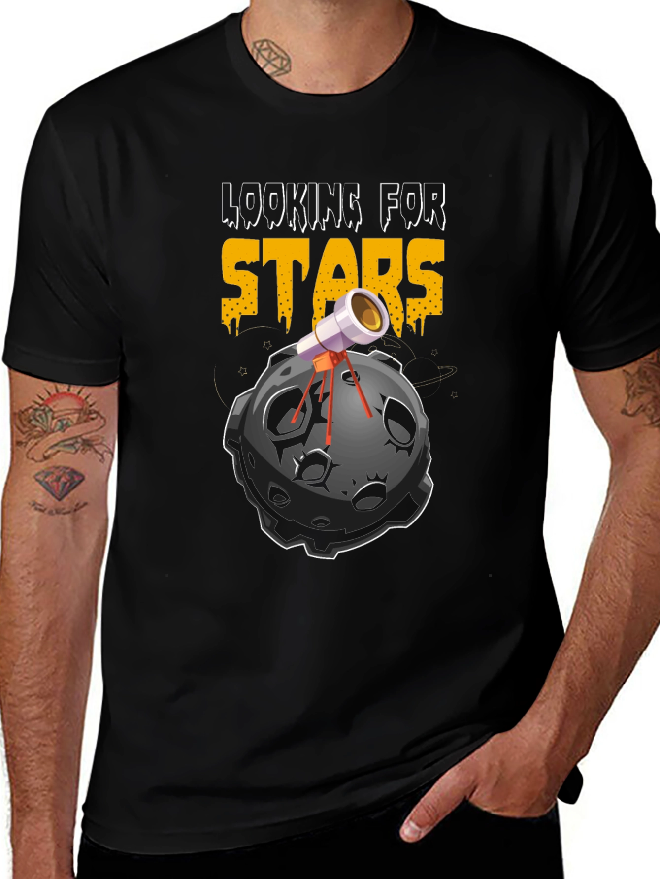 Looking For Stars Black Graphic Tee - Telescope on Moon