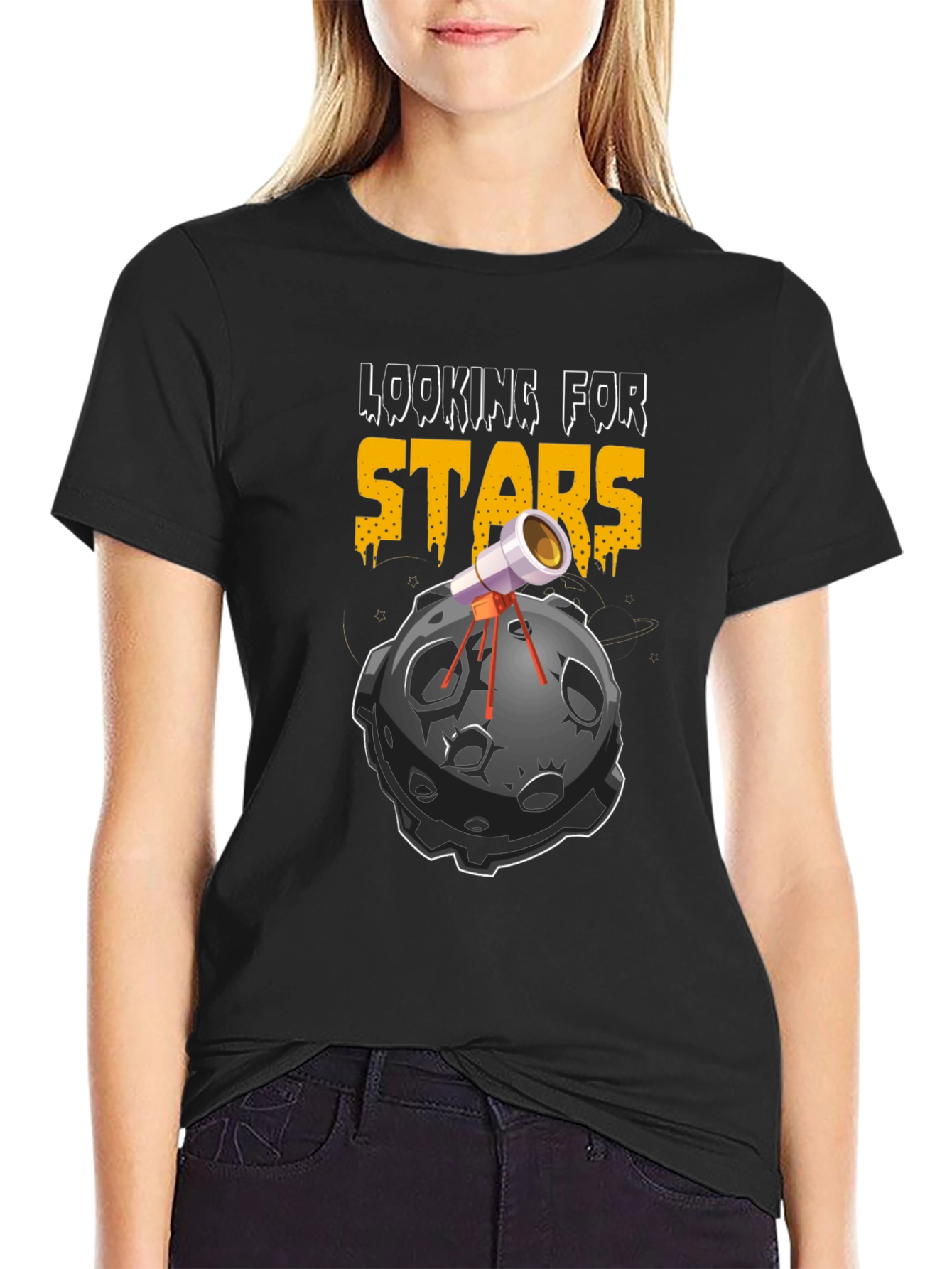 Looking For Stars Black Graphic Tee - Telescope on Moon