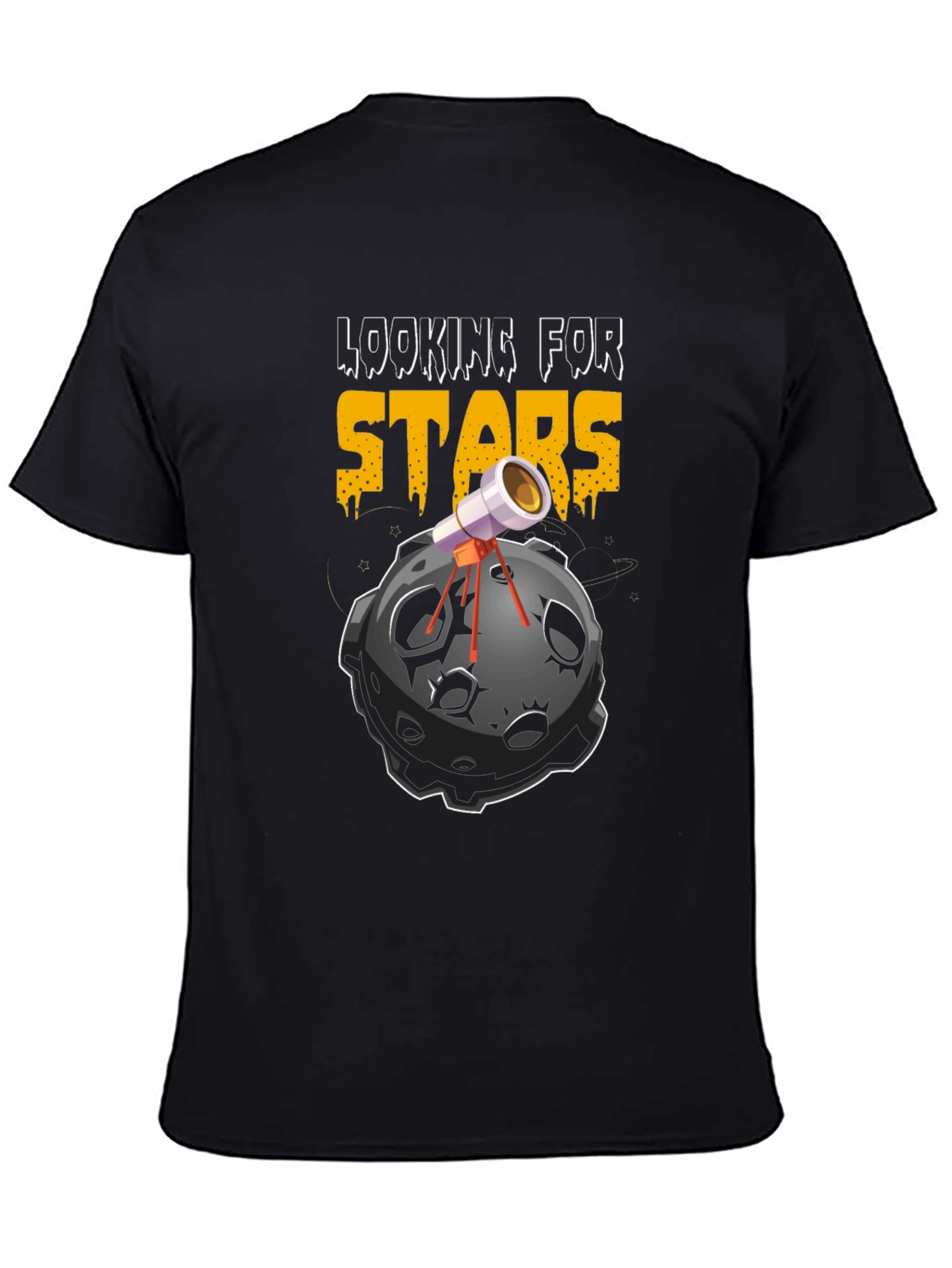 Looking For Stars Black Graphic Tee - Telescope on Moon