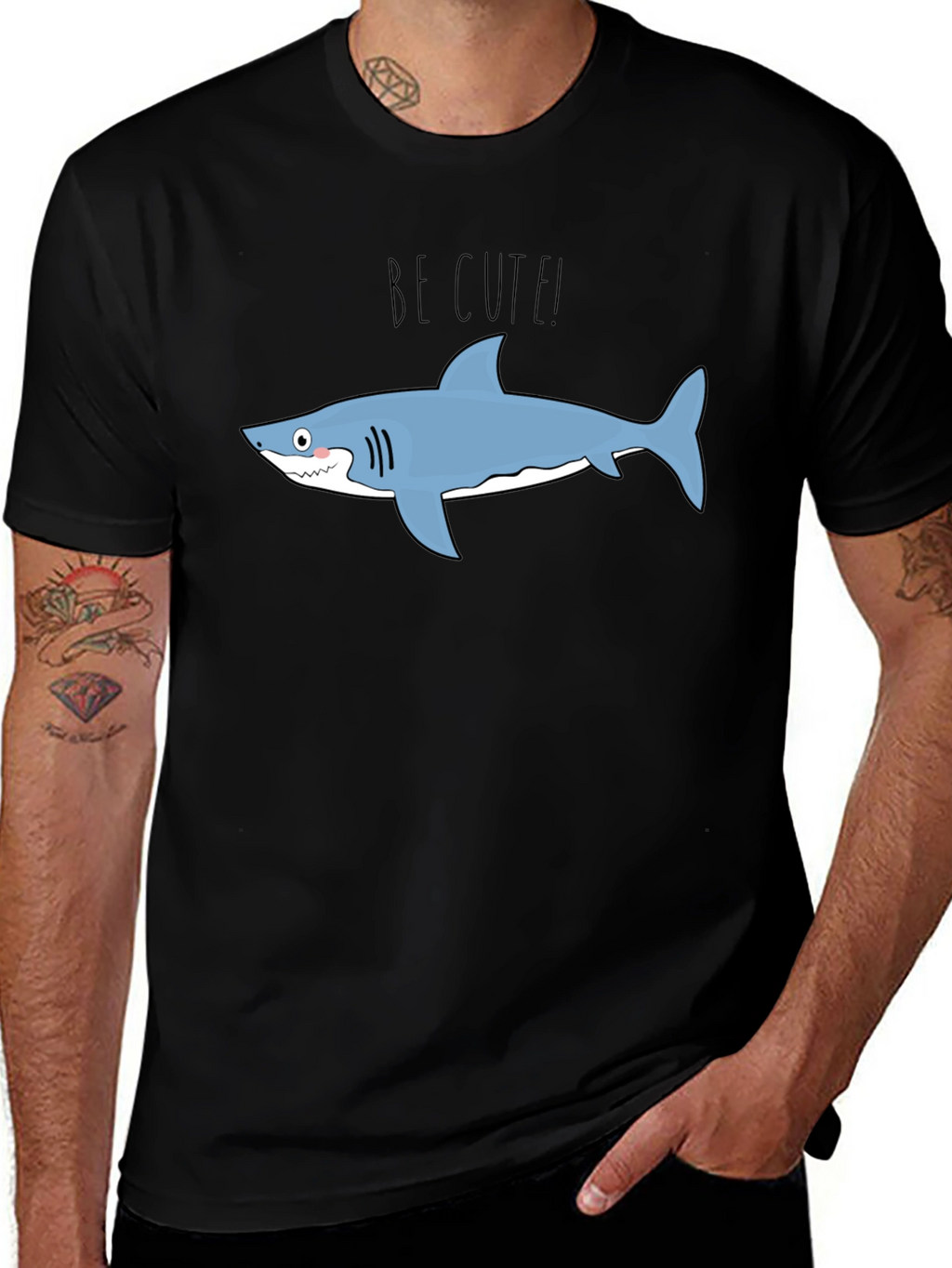 Cute Shark Graphic Tee - Black Cotton T-Shirt