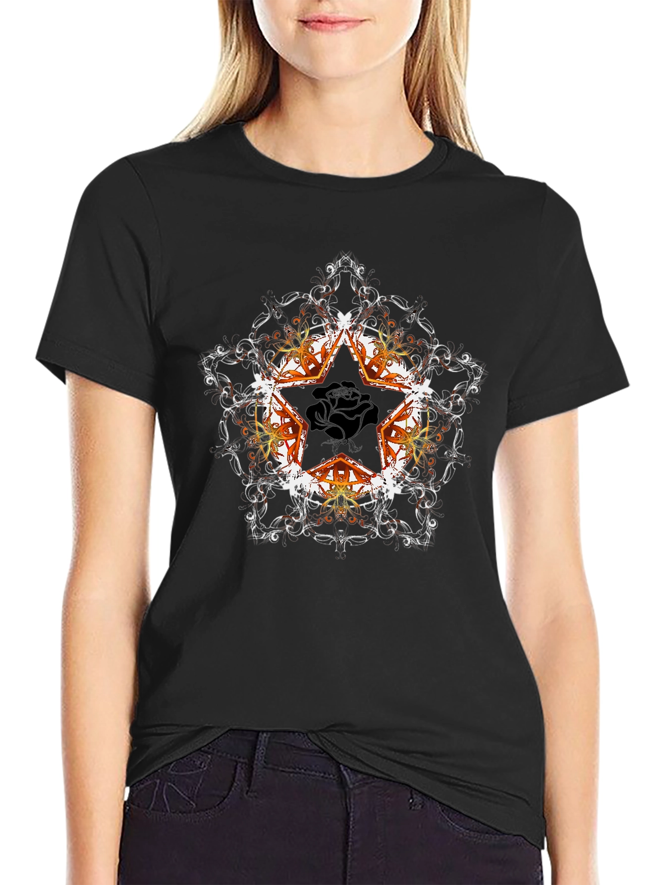 Edgy Star Mandala Graphic Tee - Black Cotton Comfort