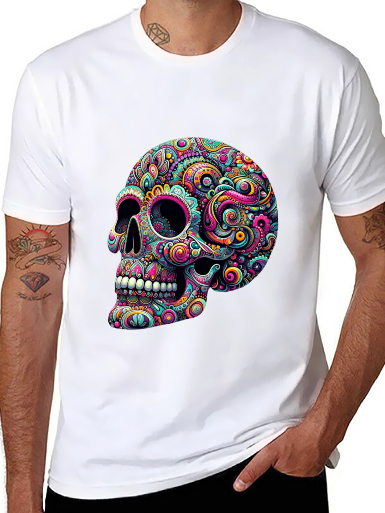 Colorful Sugar Skull Graphic Tee - Mens Black T-Shirt