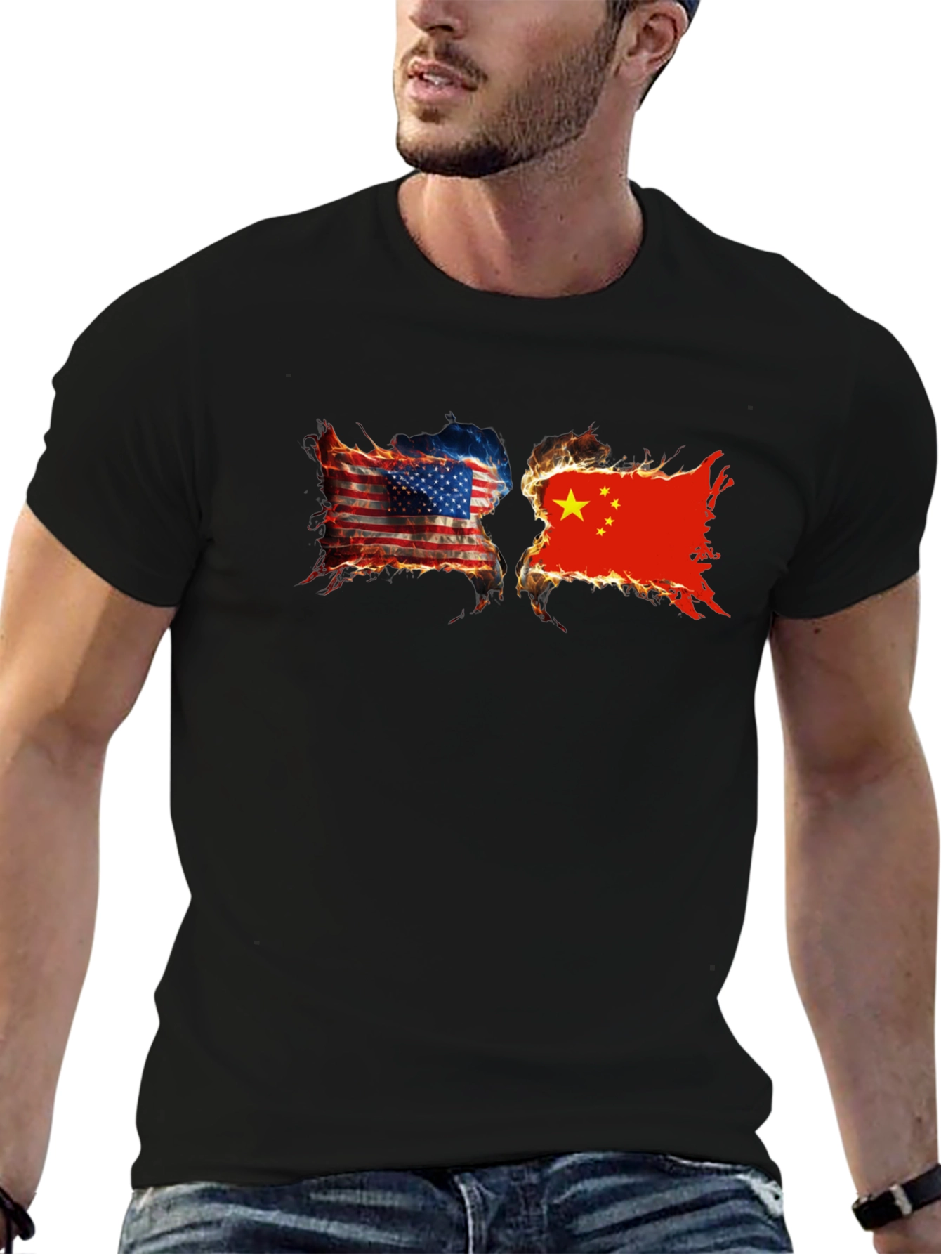 USA China Burning Flags Graphic T-Shirt