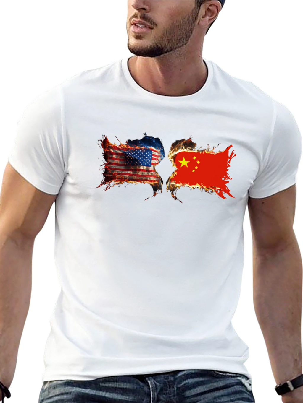 USA China Burning Flags Graphic T-Shirt