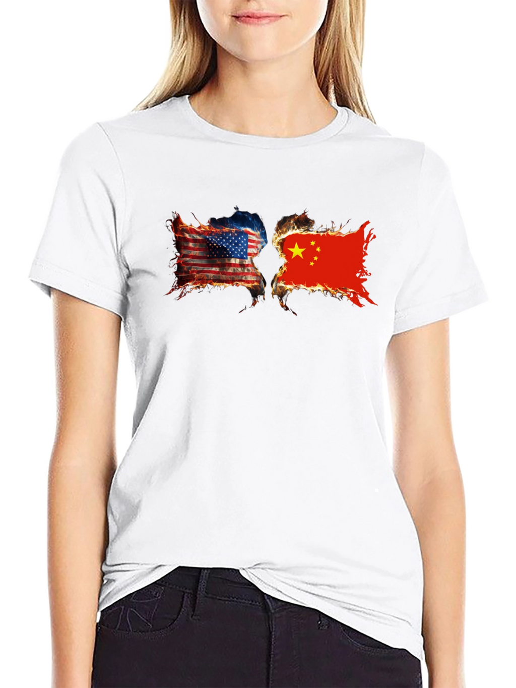 USA China Burning Flags Graphic T-Shirt