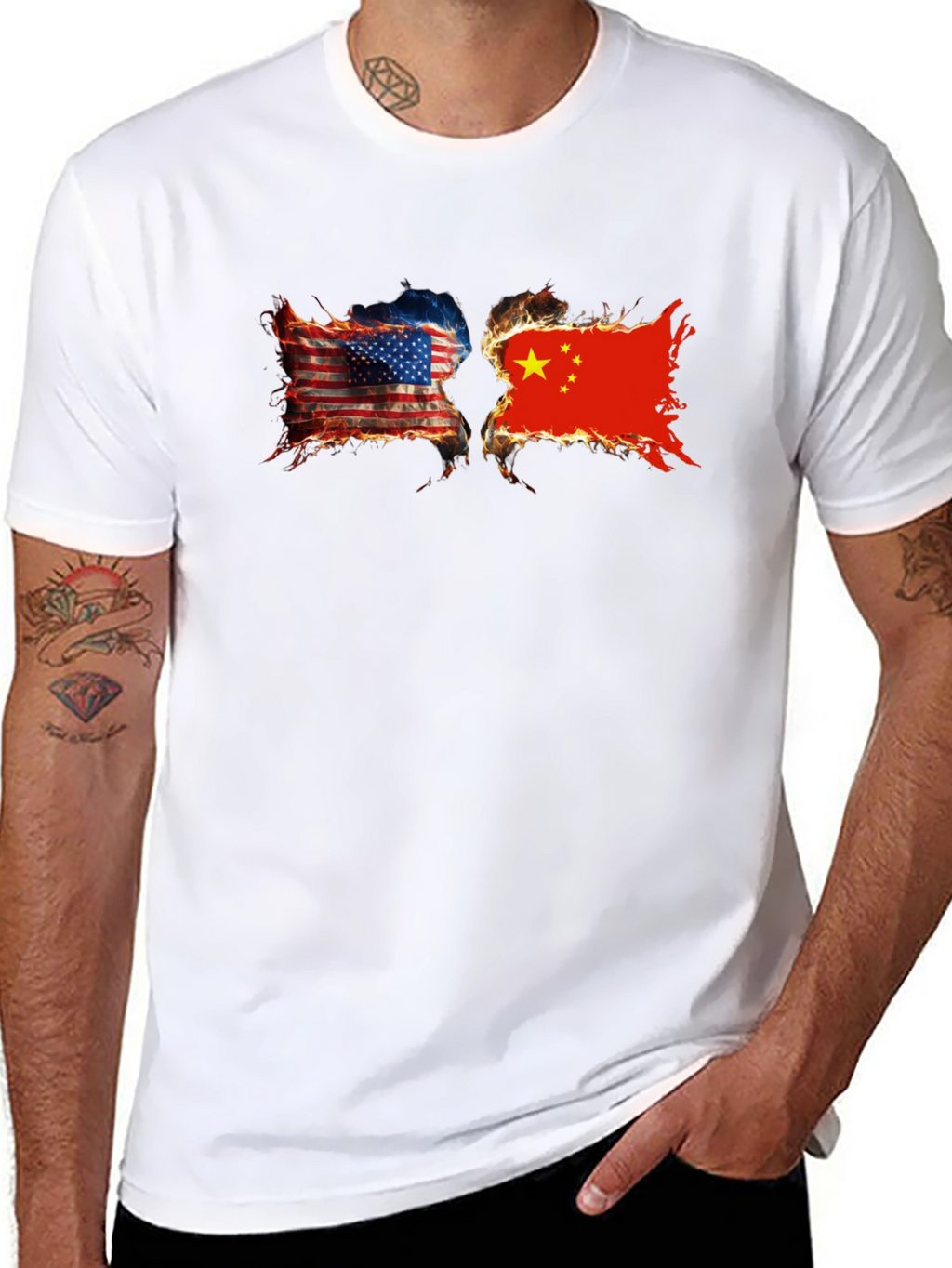 USA China Burning Flags Graphic T-Shirt