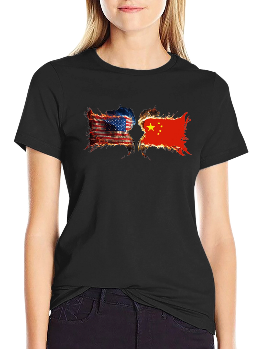 USA China Burning Flags Graphic T-Shirt
