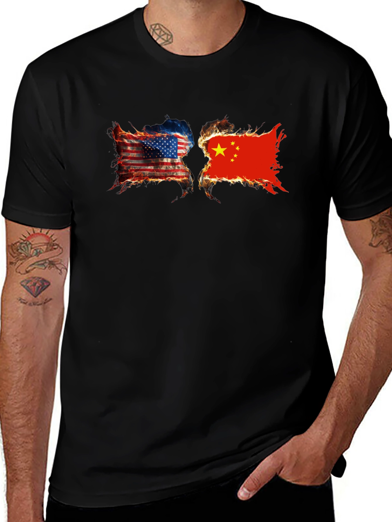 USA China Burning Flags Graphic T-Shirt
