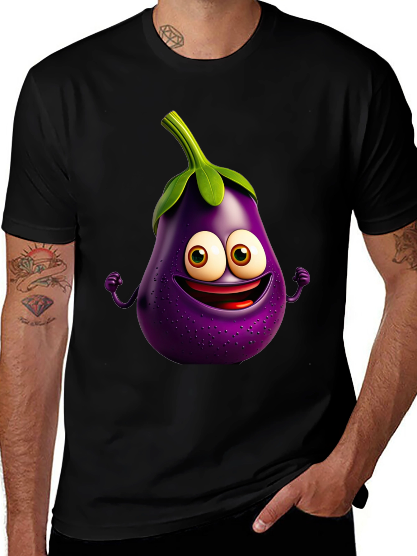 Eggplant Emoji T-Shirt - Black Short Sleeve Fun Design
