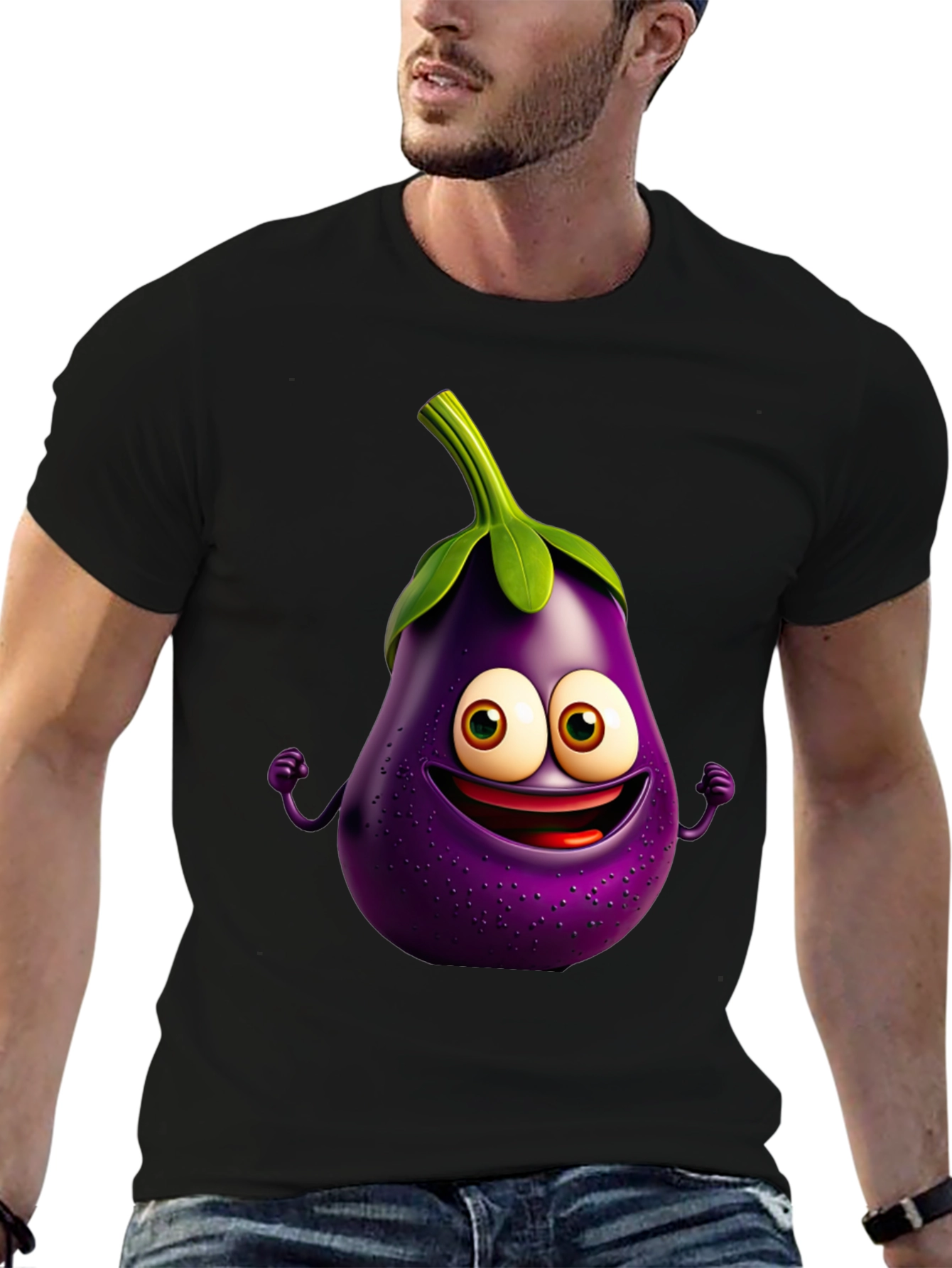 Eggplant Emoji T-Shirt - Black Short Sleeve Fun Design